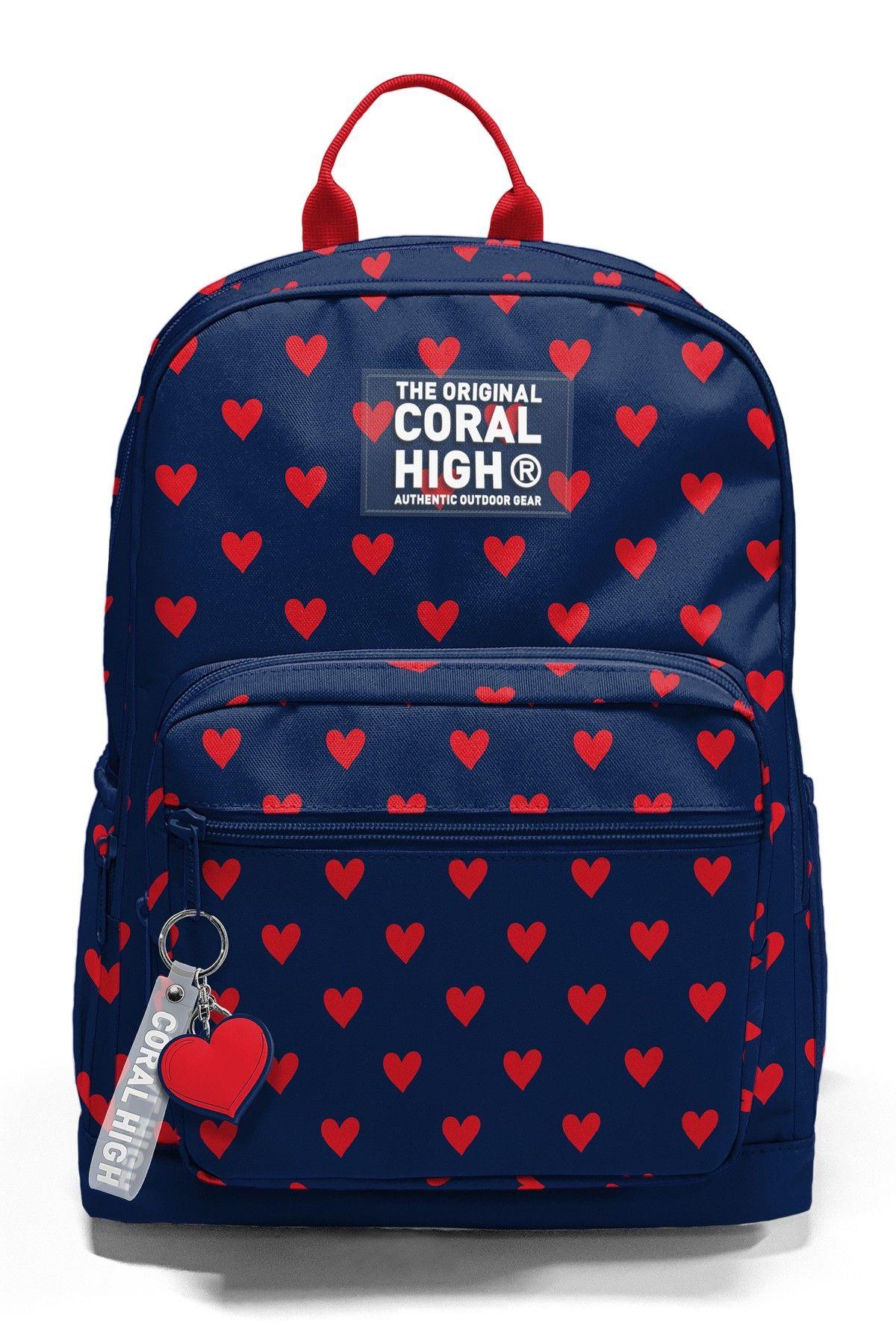 Coral High Dört Gözlü İlk ve Ortaokul Çantası - Kız Çocuk Lacivert Kırmızı Kalp Desenli 33229