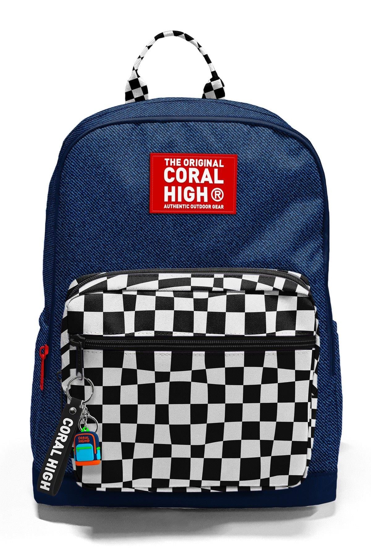 Coral High Dört Gözlü İlk ve Ortaokul Çantası - Erkek Çocuk Lacivert Siyah Beyaz Dama Desenli 33234