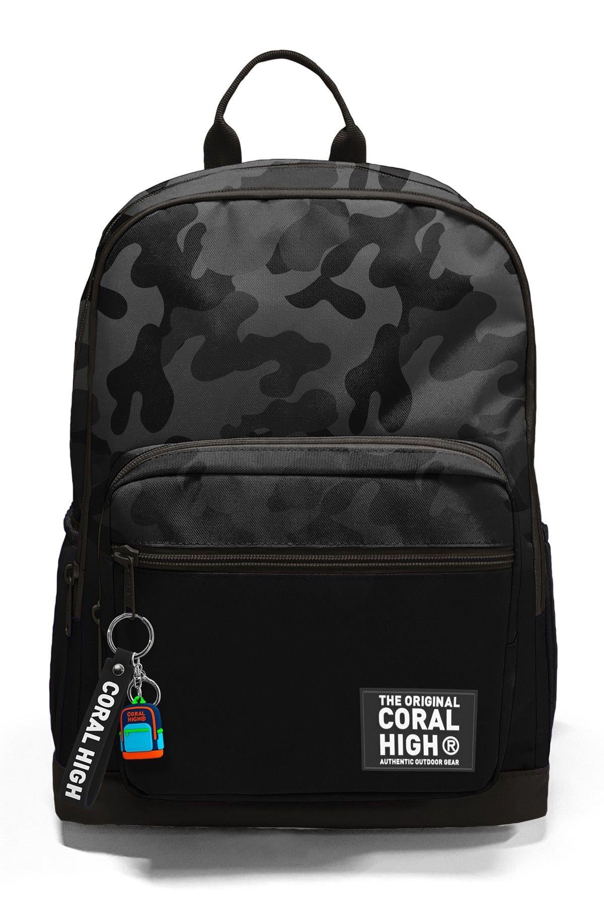 Coral High Dört Gözlü İlk ve Ortaokul Çantası - Erkek Çocuk Siyah Gri Kamuflaj Desenli 33238