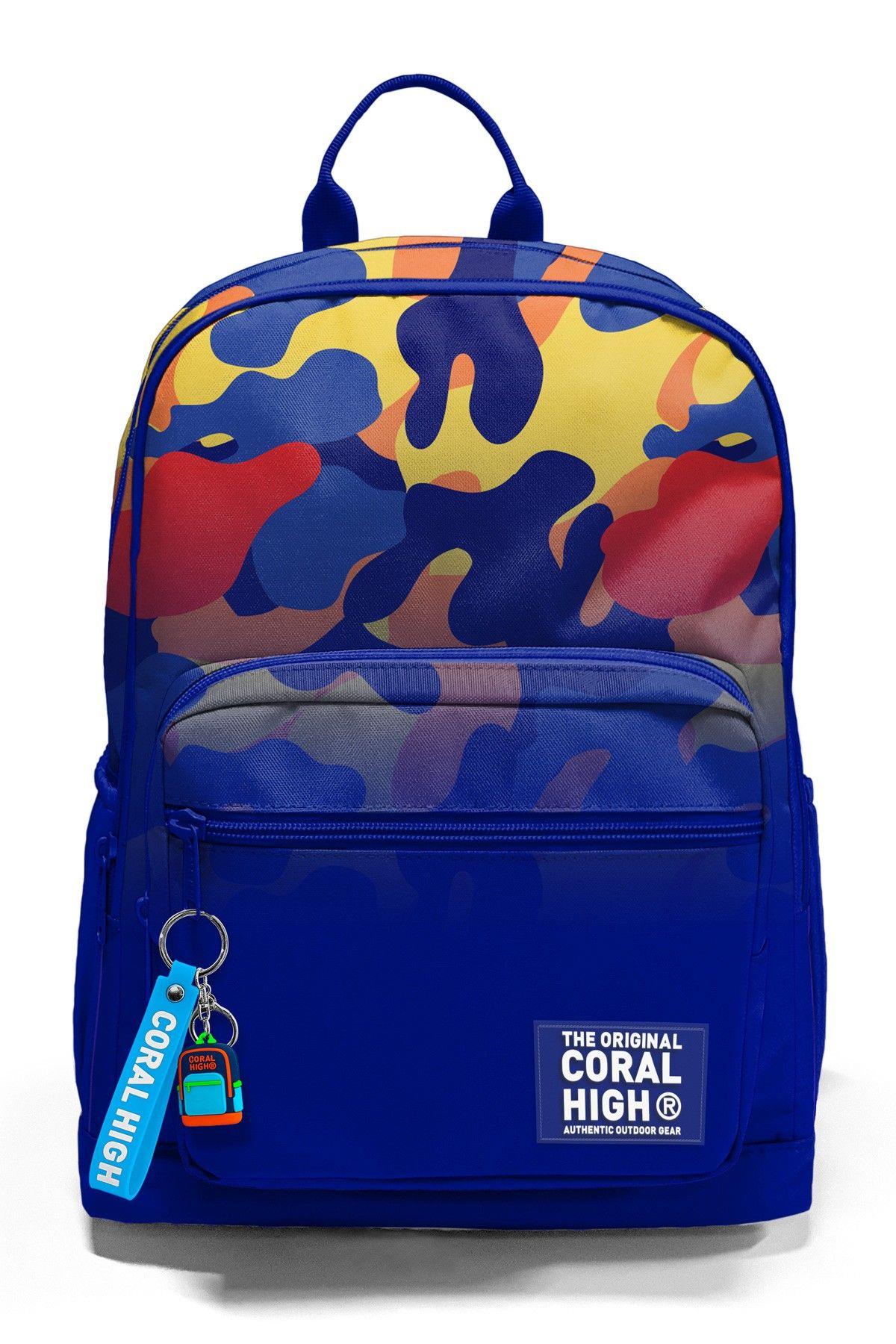 Coral High Dört Gözlü İlk ve Ortaokul Çantası - Erkek Çocuk Mavi Çok Renkli Kamuflaj Desenli 33239