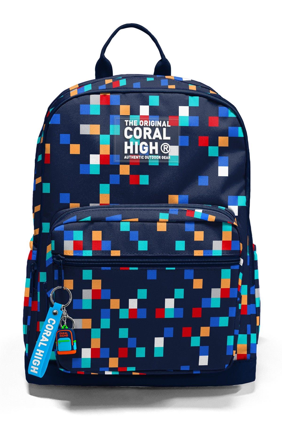 Coral High Dört Gözlü İlk ve Ortaokul Çantası - Erkek Çocuk Lacivert Çok Renli Geometrik Desenler 33235