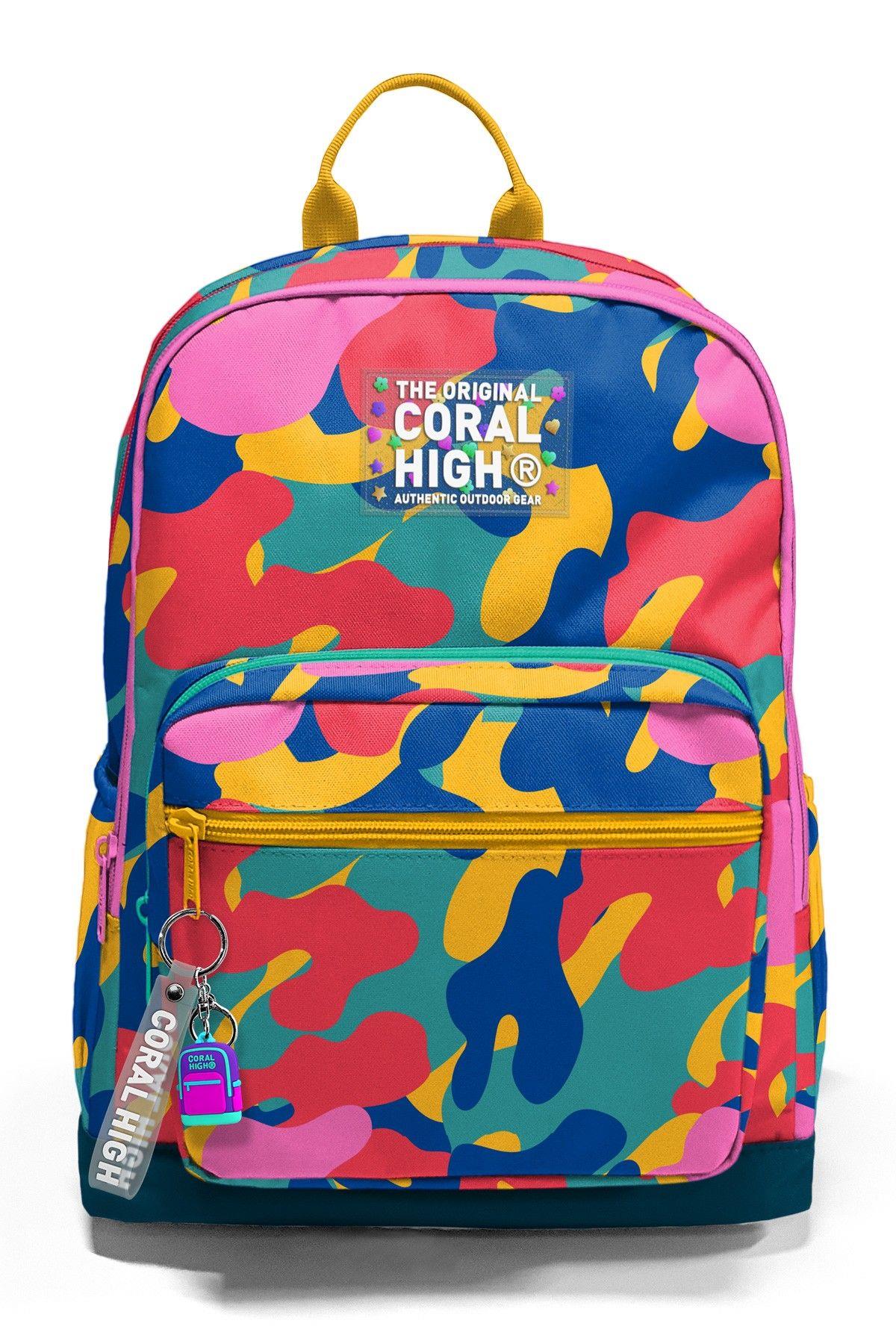 Coral High Dört Gözlü İlk ve Ortaokul Çantası - Unisex Renkli Kamuflaj Desenli 33232