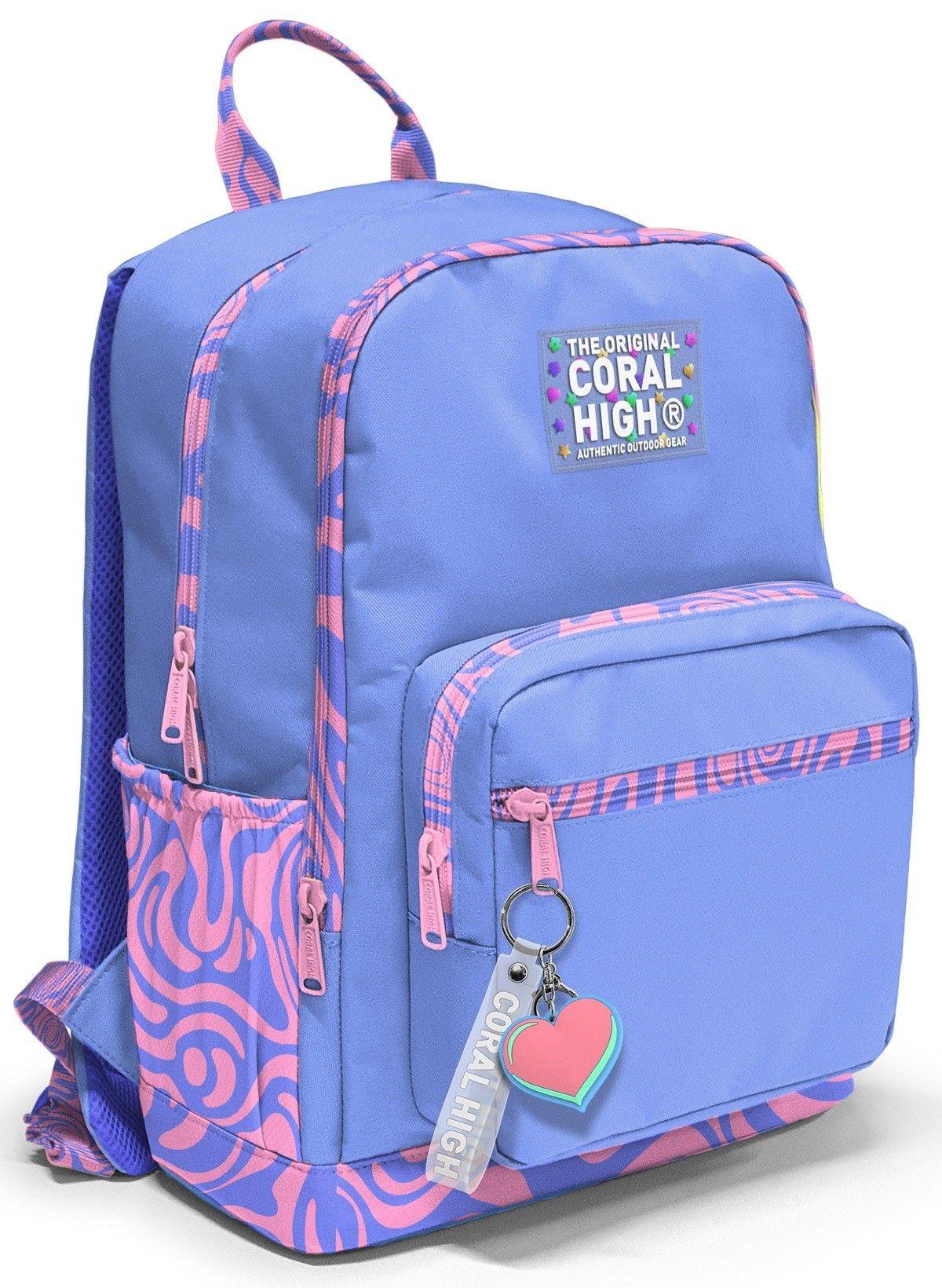 Coral High Dört Gözlü İlk ve Ortaokul Çantası - Kız Çocuk Mor Dalga Desenli 33227