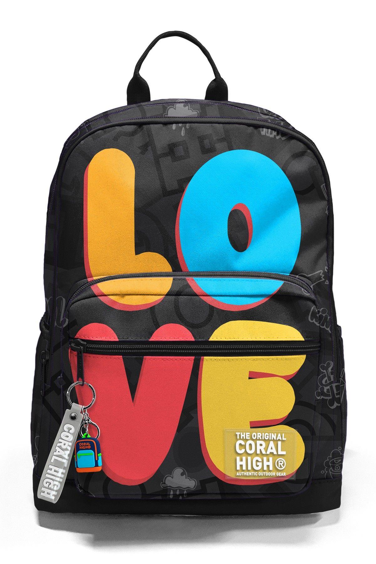 Coral High Dört Gözlü İlk ve Ortaokul Çantası - Erkek Çocuk Siyah Çok Renkli Love Baskılı 33230