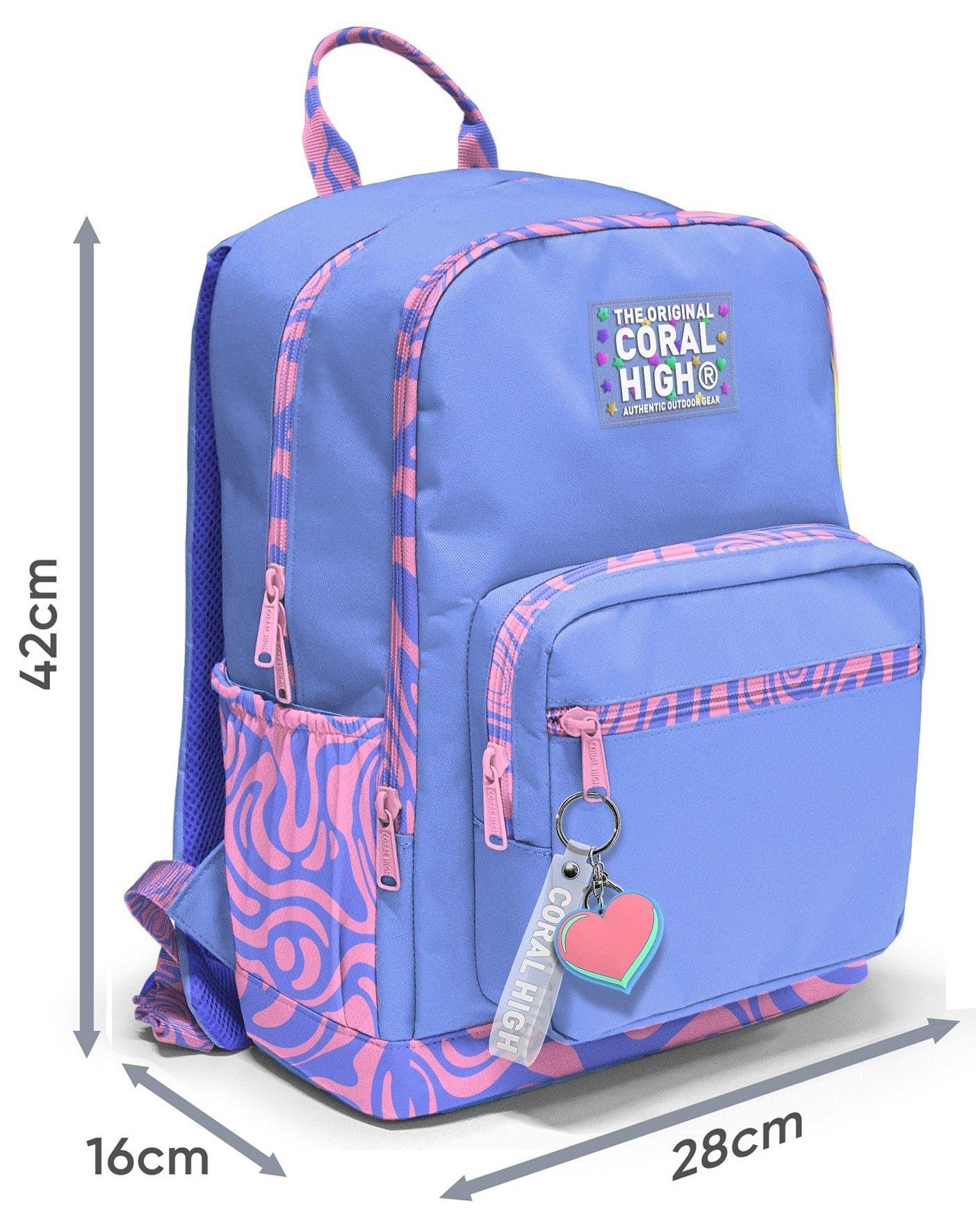 Coral High Dört Gözlü İlk ve Ortaokul Çantası - Kız Çocuk Mor Dalga Desenli 33227