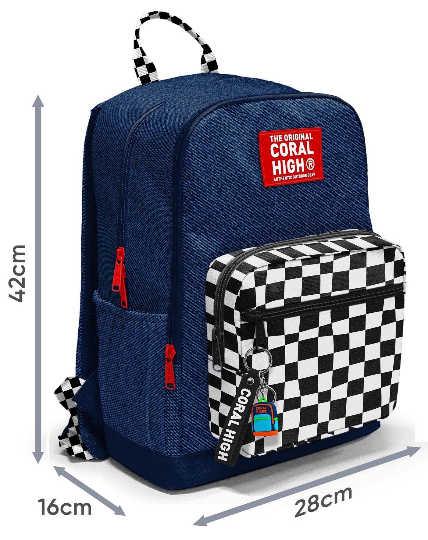 Coral High Dört Gözlü İlk ve Ortaokul Çantası - Erkek Çocuk Lacivert Siyah Beyaz Dama Desenli 33234