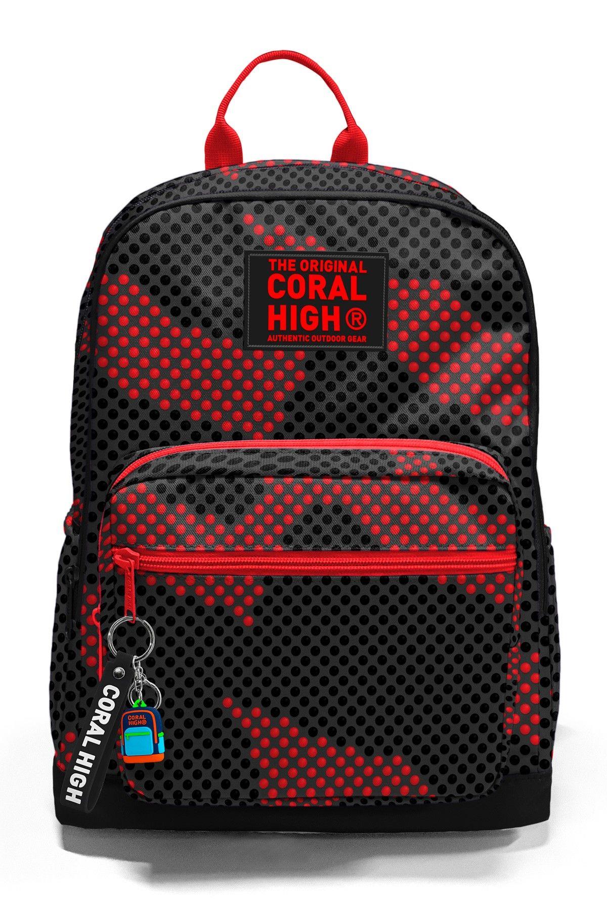 Coral High Dört Gözlü İlk ve Ortaokul Çantası - Erkek Çocuk Siyah Kırmızı Nokta Desenli 33233