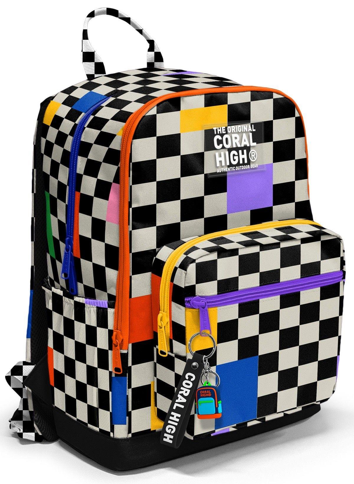 Coral High Dört Gözlü İlk ve Ortaokul Çantası - Kız Çocuk Siyah Beyaz Dama Desenli 33226
