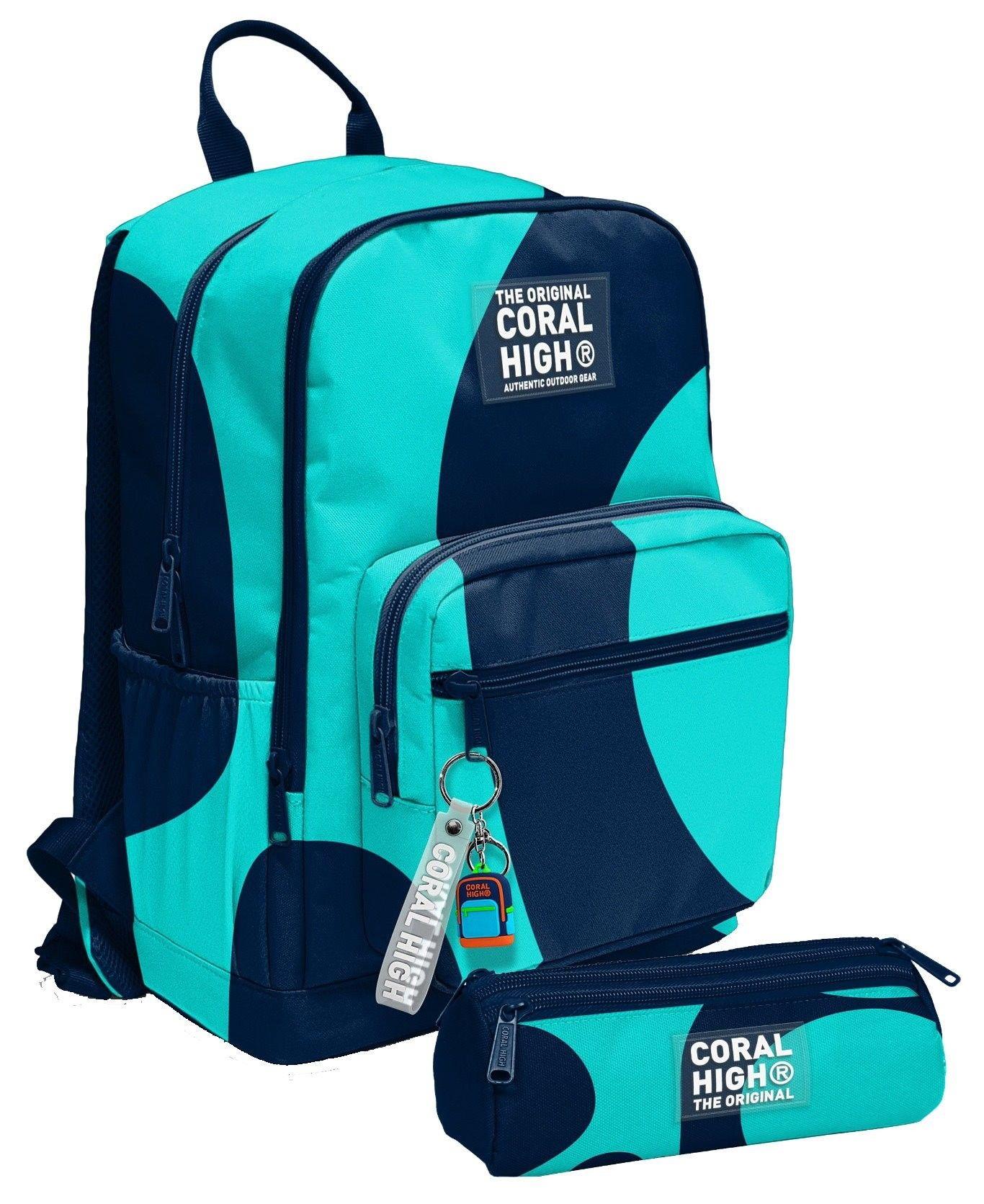 Coral High Erkek Çocuk Dört Gözlü Okul Sırt Çantası ve  Kalemlik Seti - Lacivert Turkuaz Renkli Çizgili - İlkokul ve Ortaokul İçin Uygun