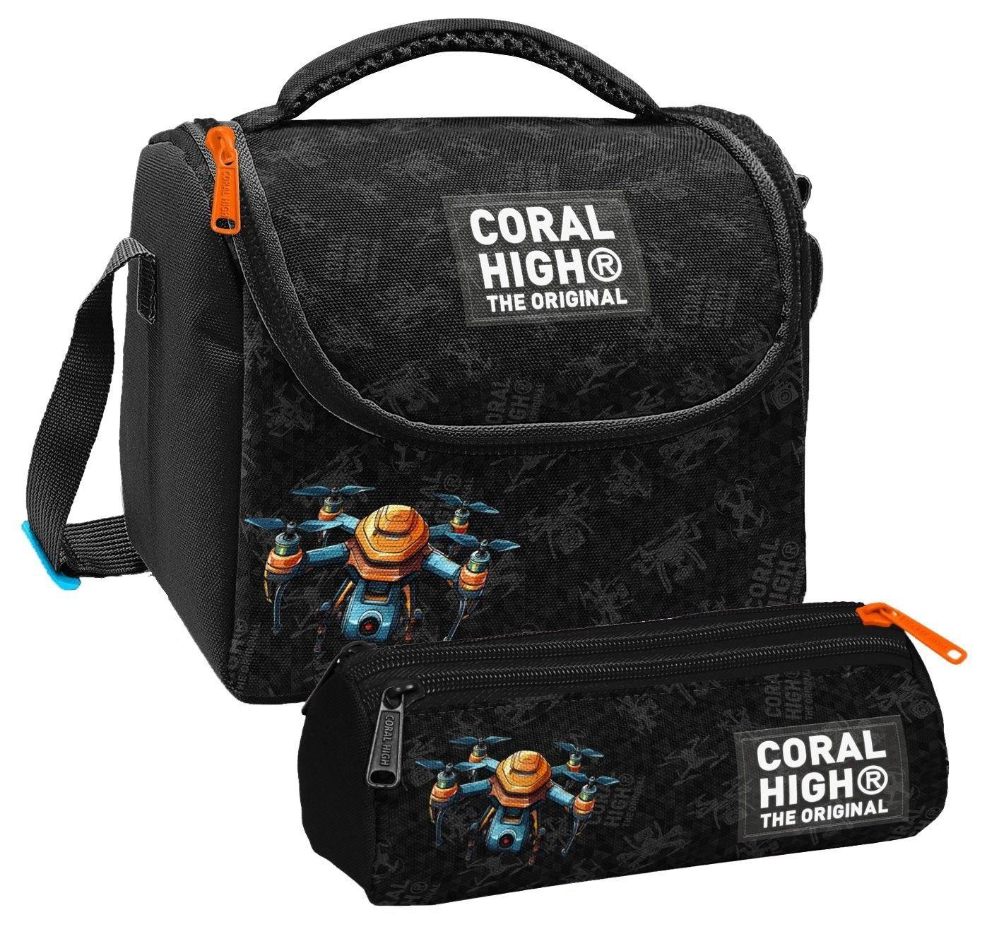 Coral High Erkek Çocuk Drone Pilotu Siyah Thermo Beslenme Çantası ve Üç Bölmeli Kalem Çantası Seti