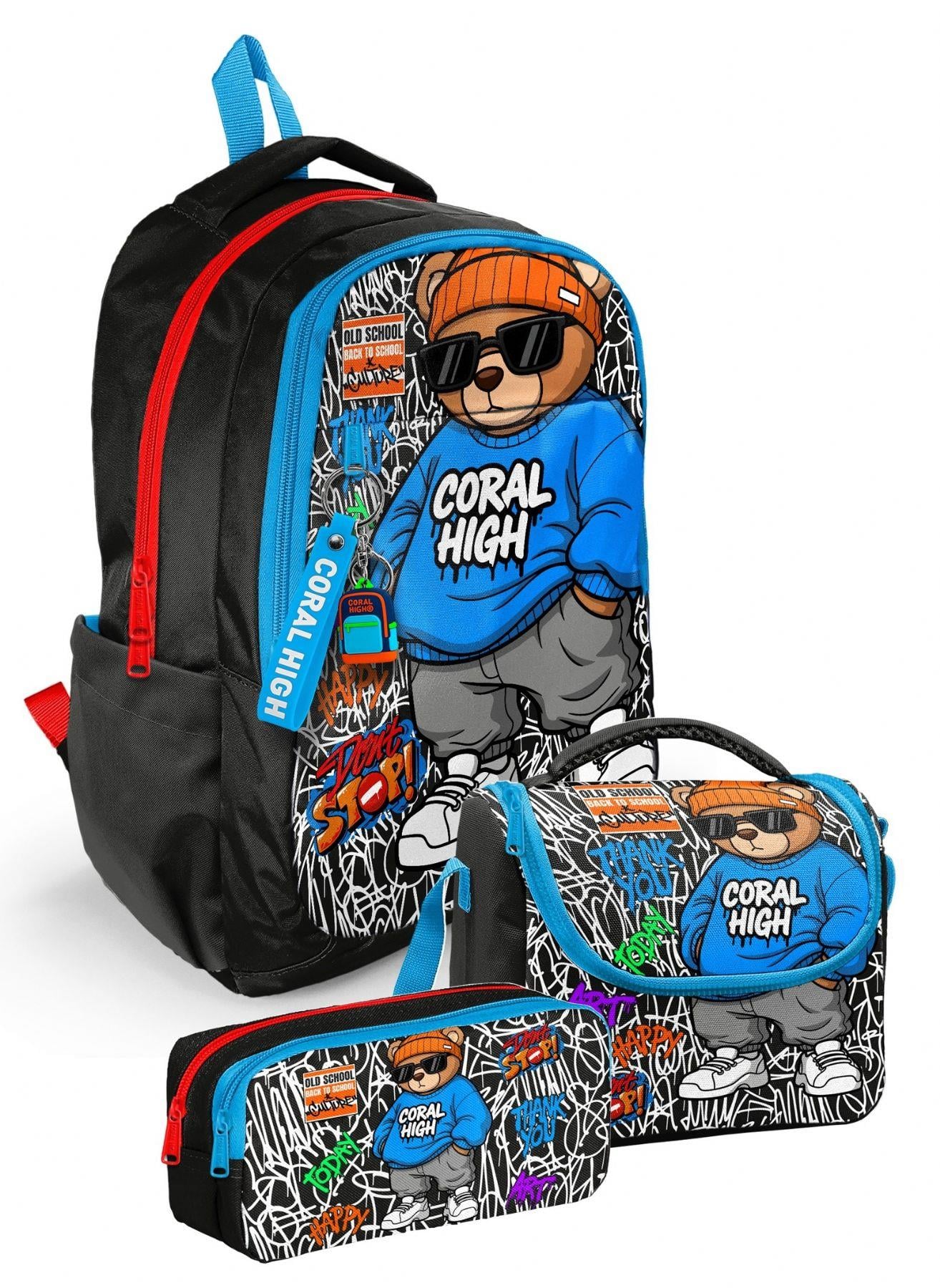 Coral High Erkek Çocuk İlk ve Ortaokul Üçlü Okul Çantası Seti - Siyah Mavi Grafiti Ayıcık Baskılı