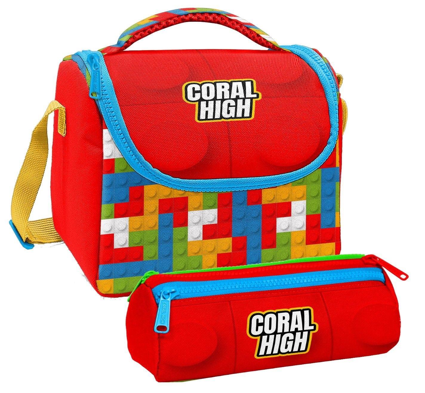 Coral High Erkek Çocuk Kırmızı Yapı Blokları Thermo Beslenme Çantası ve Üç Bölmeli Kalemlik Seti