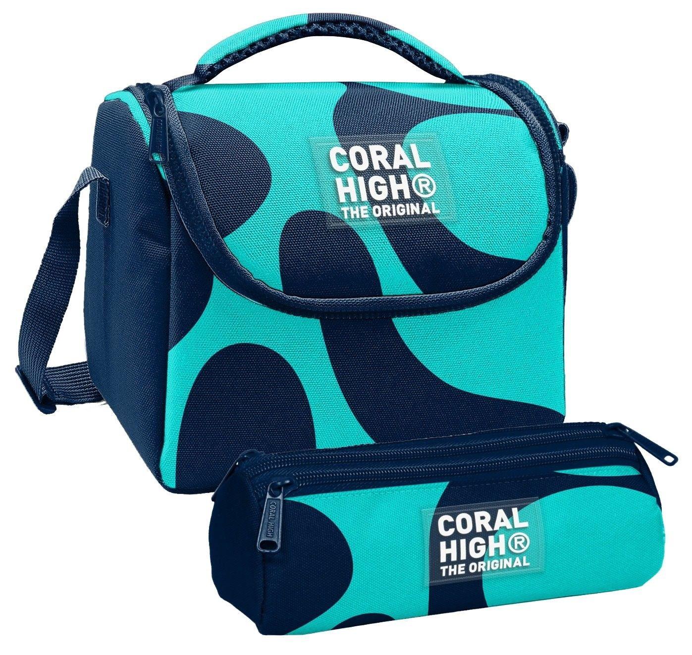 Coral High Erkek Çocuk Lacivert Turkuaz Renkli Çizgili Thermo Beslenme Çantası ve Üç Bölmeli Kalemlik Seti