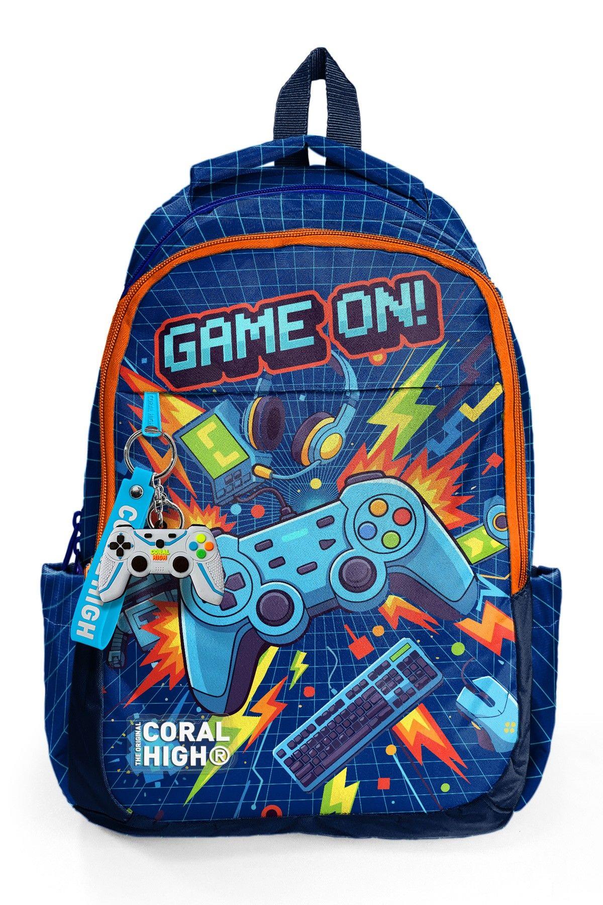 Coral High Erkek Çocuk Lacivert Turuncu Joystick Baskılı 3 Bölmeli İlkokul ve Ortaokul Çantası - 33251