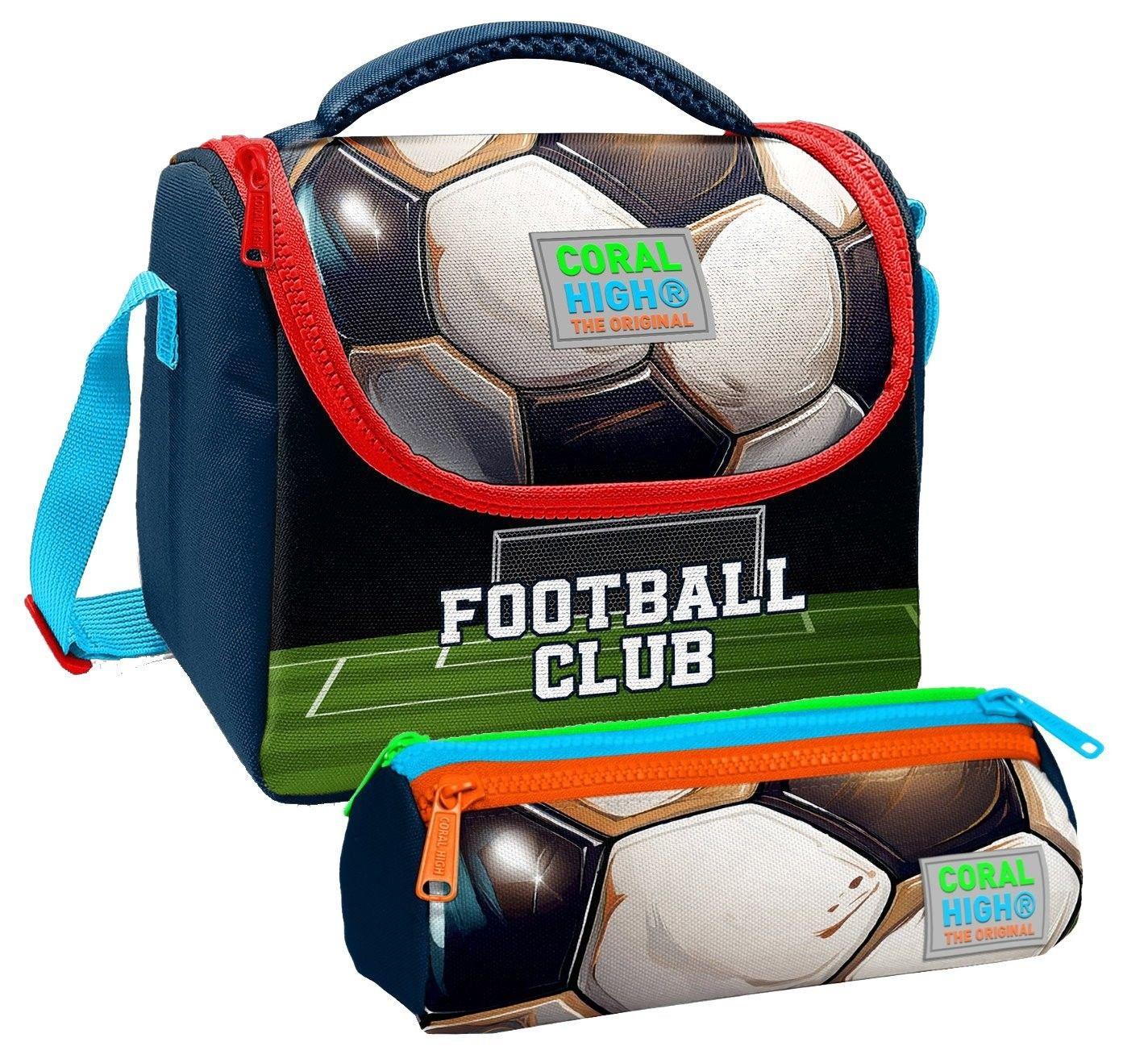 Coral High Erkek Çocuk Lacivert Yeşil Futbol Thermo Beslenme Çantası ve Üç Bölmeli Kalemlik Seti