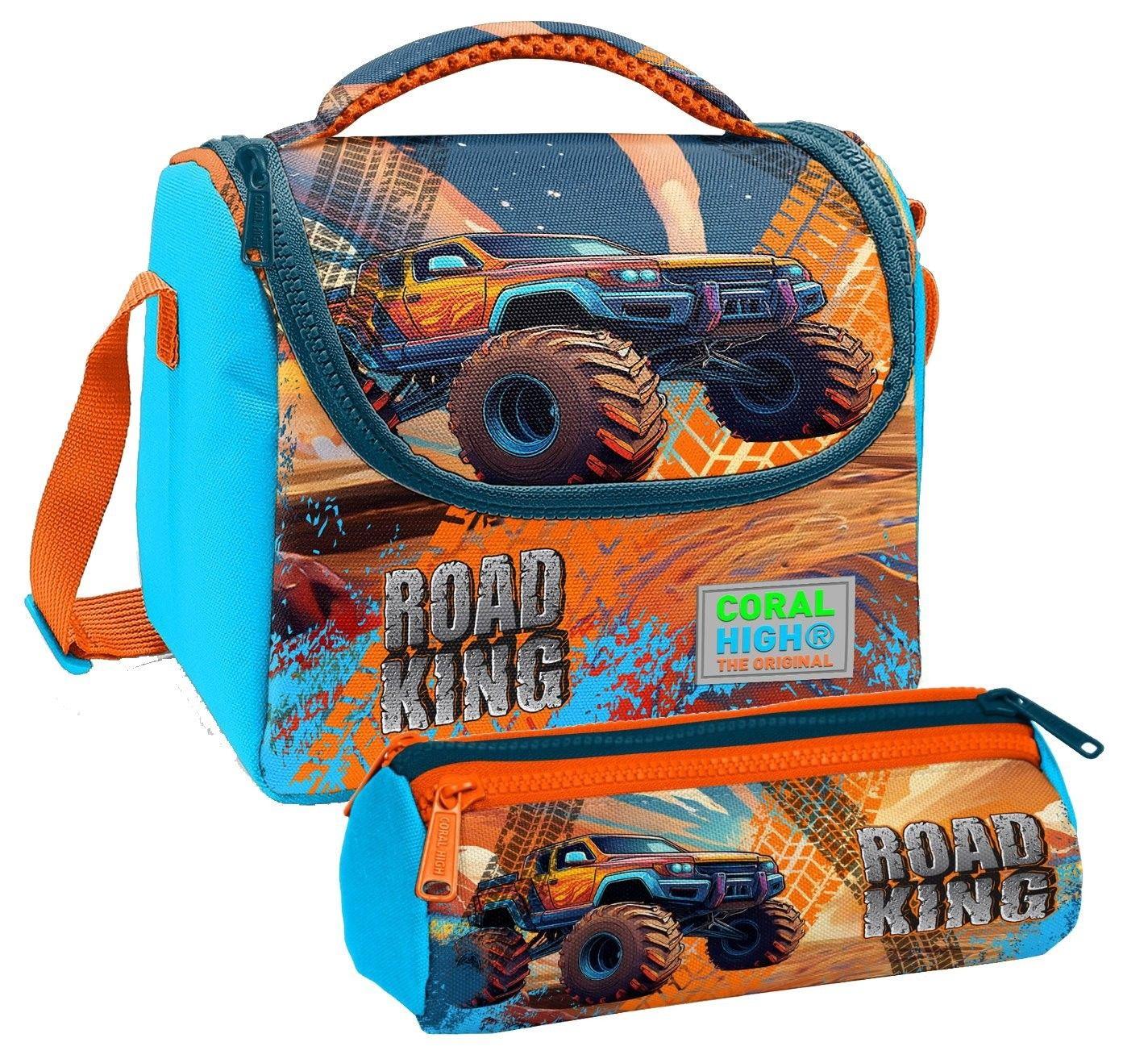 Coral High Erkek Çocuk Mavi Turuncu Arazi Aracı Thermo Beslenme Çantası ve Üç Bölmeli Kalemlik Seti