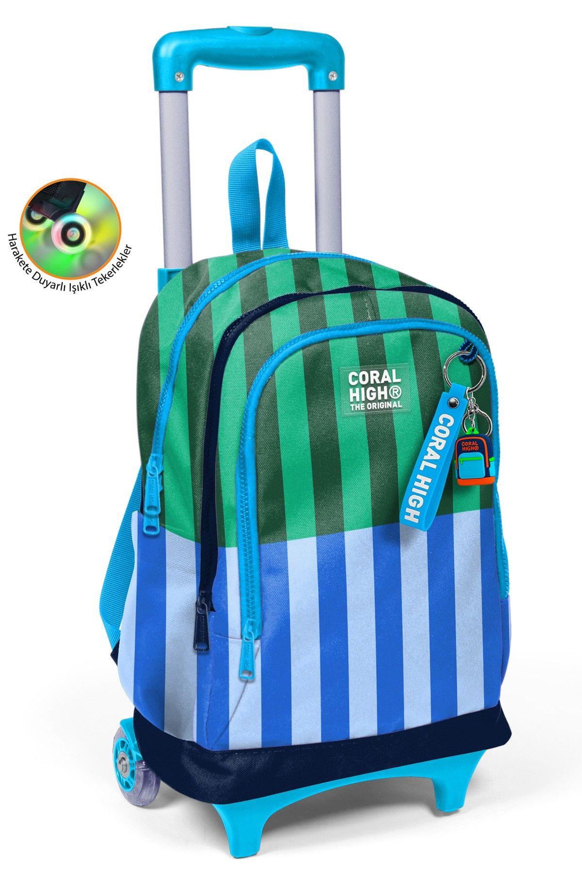 Coral High Erkek Çocuk Mavi Yeşil Çizgi Desenli Işıklı Tekerlekli Çekçek Okul Çantası - 34011