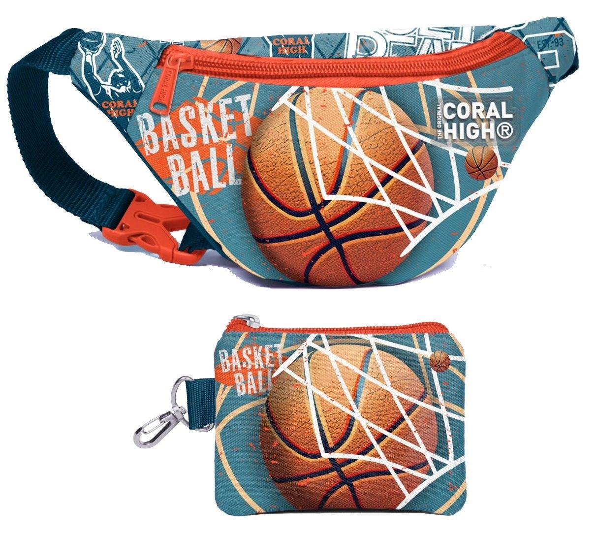 Coral High Erkek Çocuk Nefti Turuncu Basketbol Desenli Bel Çantası ve Bozuk Para Cüzdanı Set