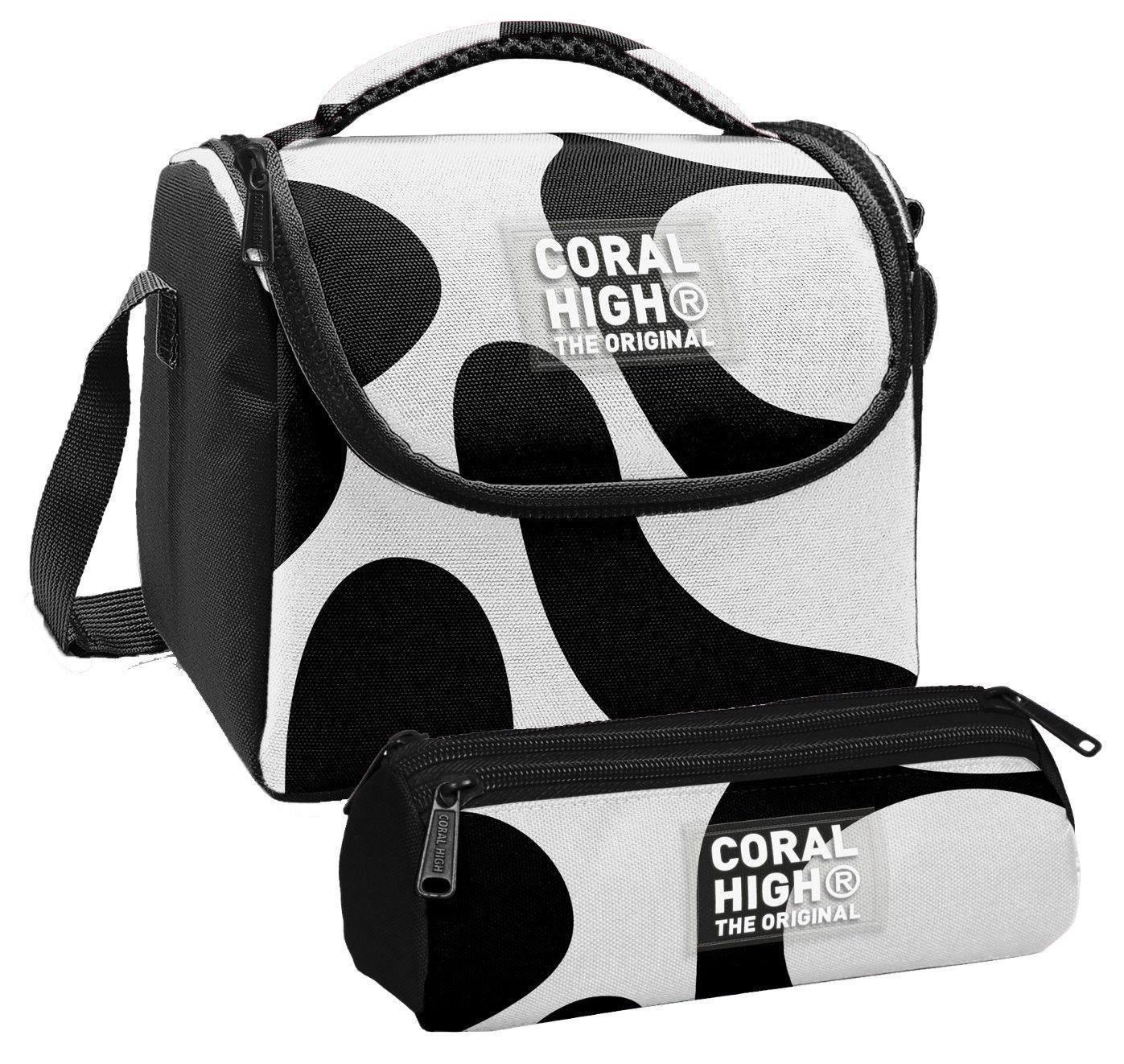 Coral High Erkek Çocuk Renkli Çizgili Siyah Beyaz Thermo Beslenme Çantası ve Üç Bölmeli Kalem Çantası Seti