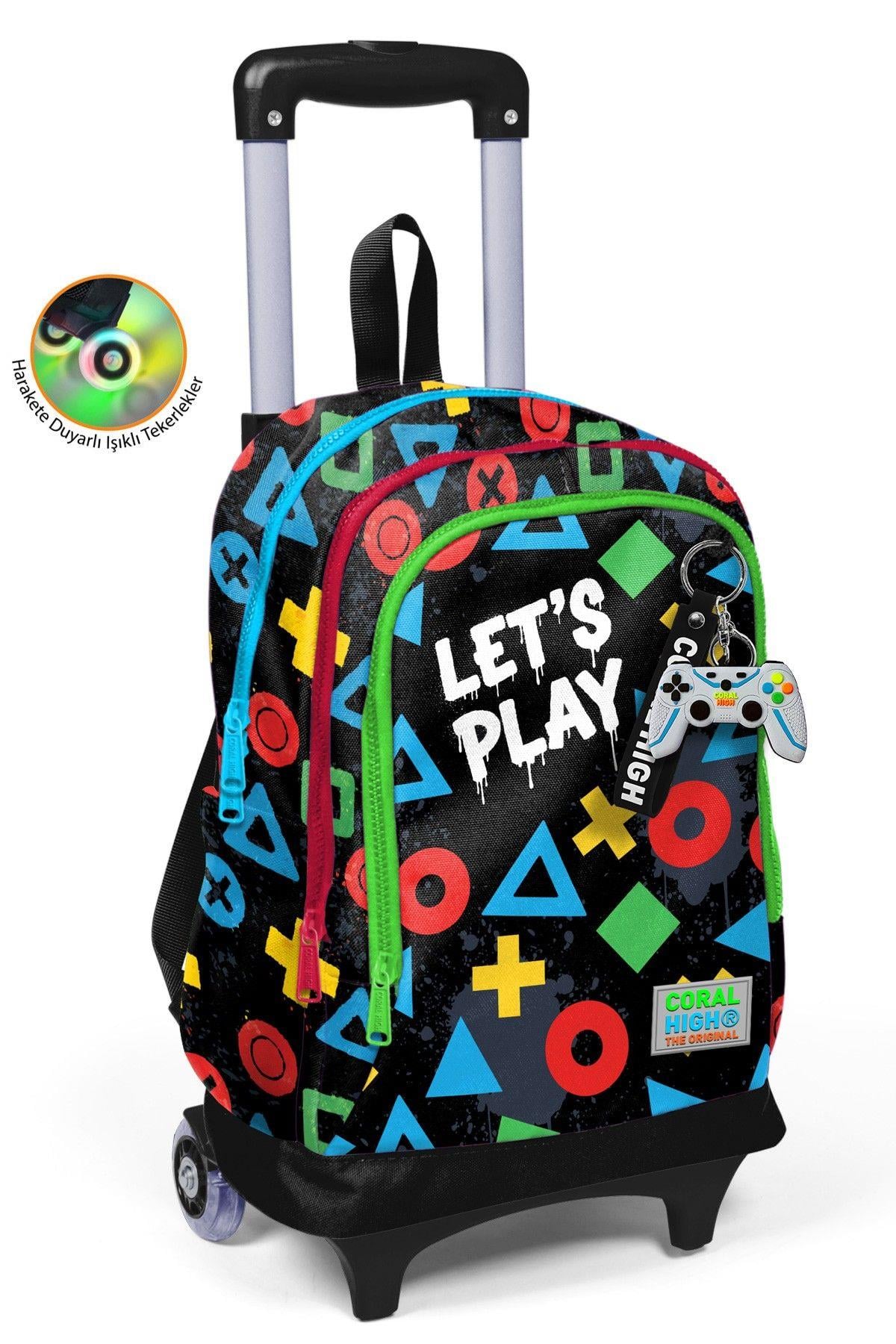 Coral High Erkek Çocuk Siyah Çok Renkli Lets Play Baskılı Işıklı Tekerlekli Çekçek Okul Çantası - 34014