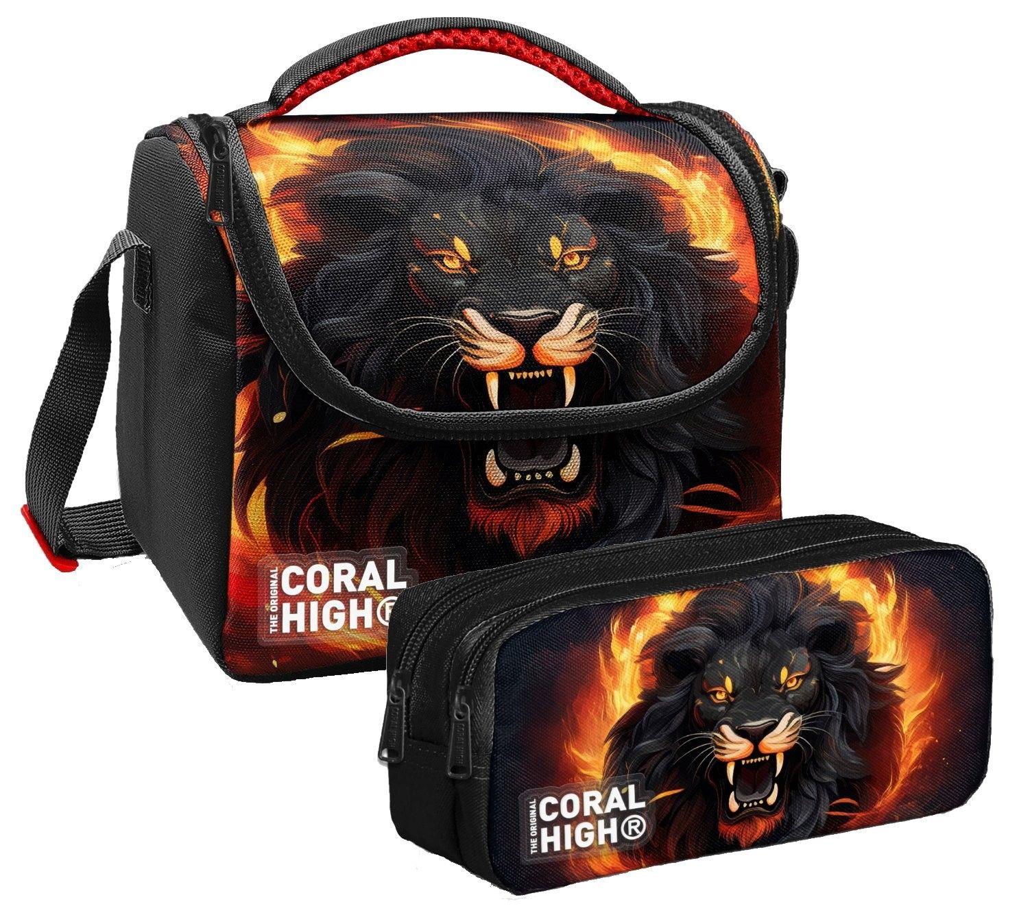Coral High Erkek Çocuk Siyah Kükreyen Aslan Thermo Beslenme Çantası ve İki  Bölmeli Kalemlik Seti