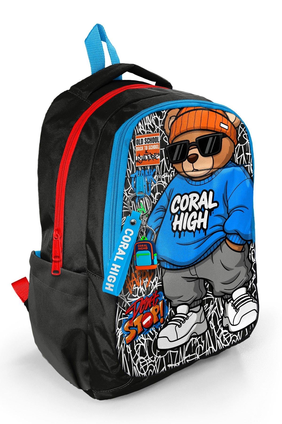 Coral High Erkek Çocuk Siyah Mavi Grafiti Ayıcık Baskılı 3 Bölmeli İlkokul ve Ortaokul Çantası - 33250