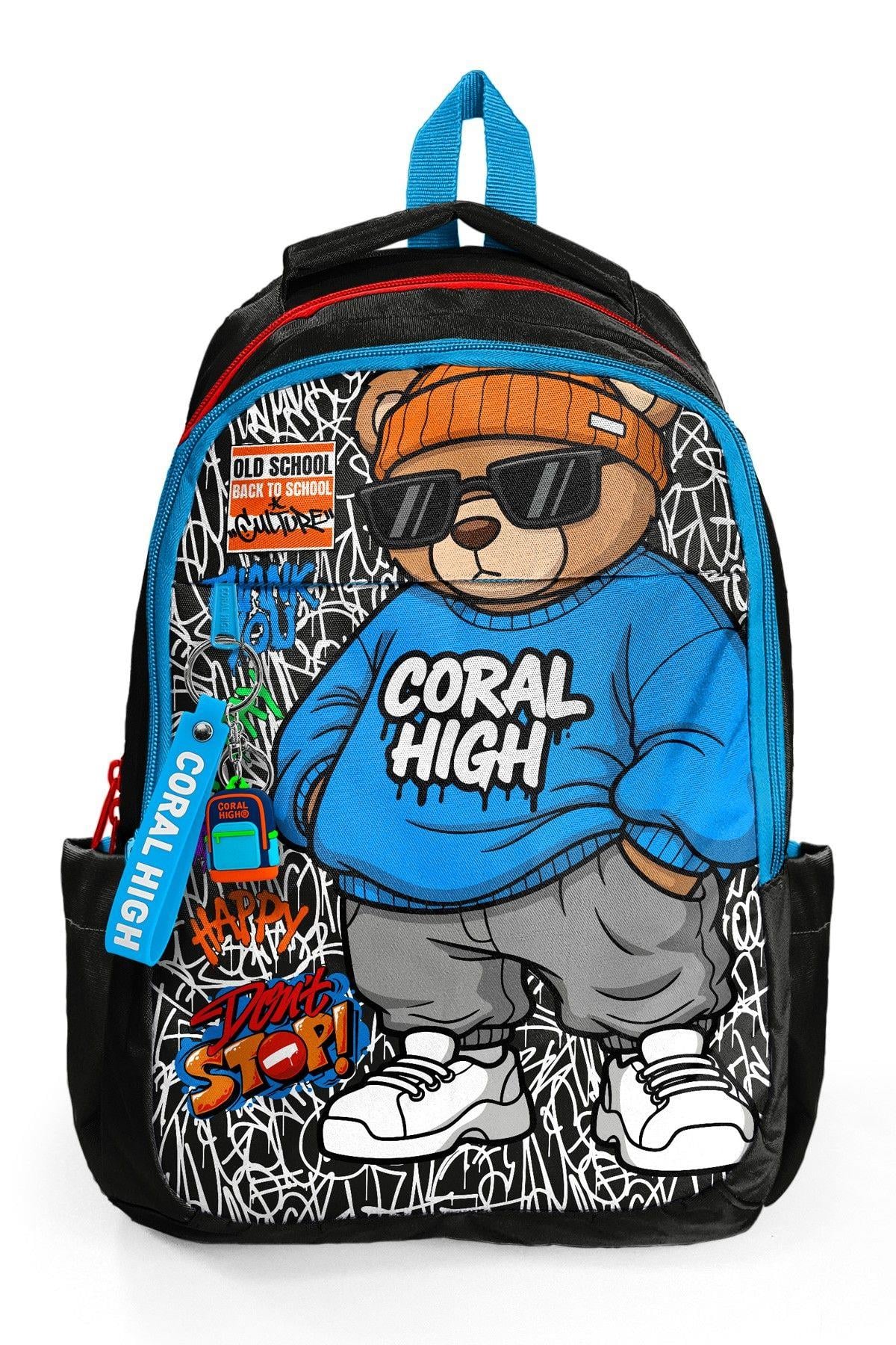 Coral High Erkek Çocuk Siyah Mavi Grafiti Ayıcık Baskılı 3 Bölmeli İlkokul ve Ortaokul Çantası - 33250