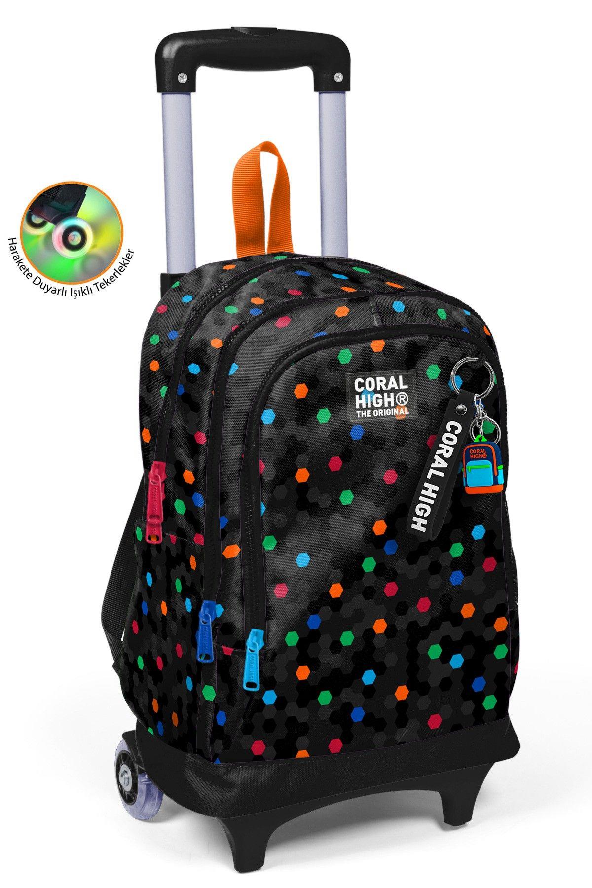 Coral High Erkek Çocuk Siyah Petek Desenli Işıklı Tekerlekli Çekçek Okul Çantası - 34010
