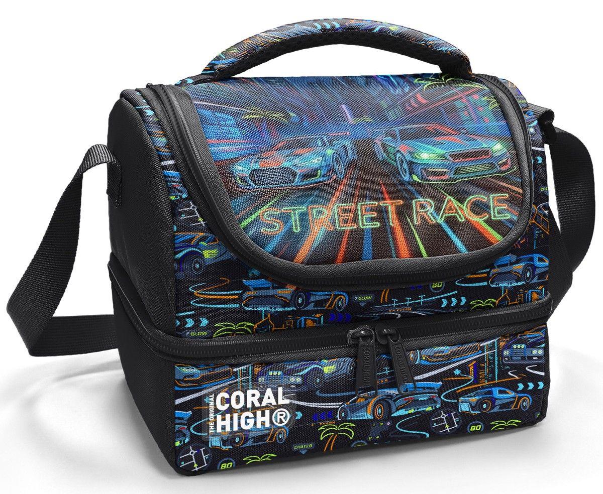 Coral High Erkek Çocuk Siyah Yarış Arabası Baskılı İki Katlı Okul Beslenme Çantası 37210