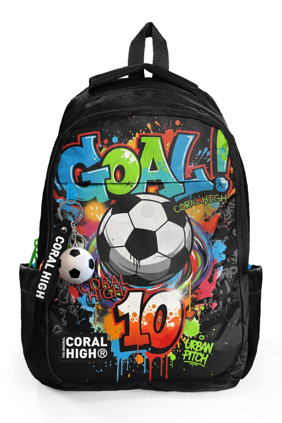 Coral High Erkek Çocuk Siyah Yeşil Goal Baskılı 3 Bölmeli İlkokul ve Ortaokul Çantası - 33253