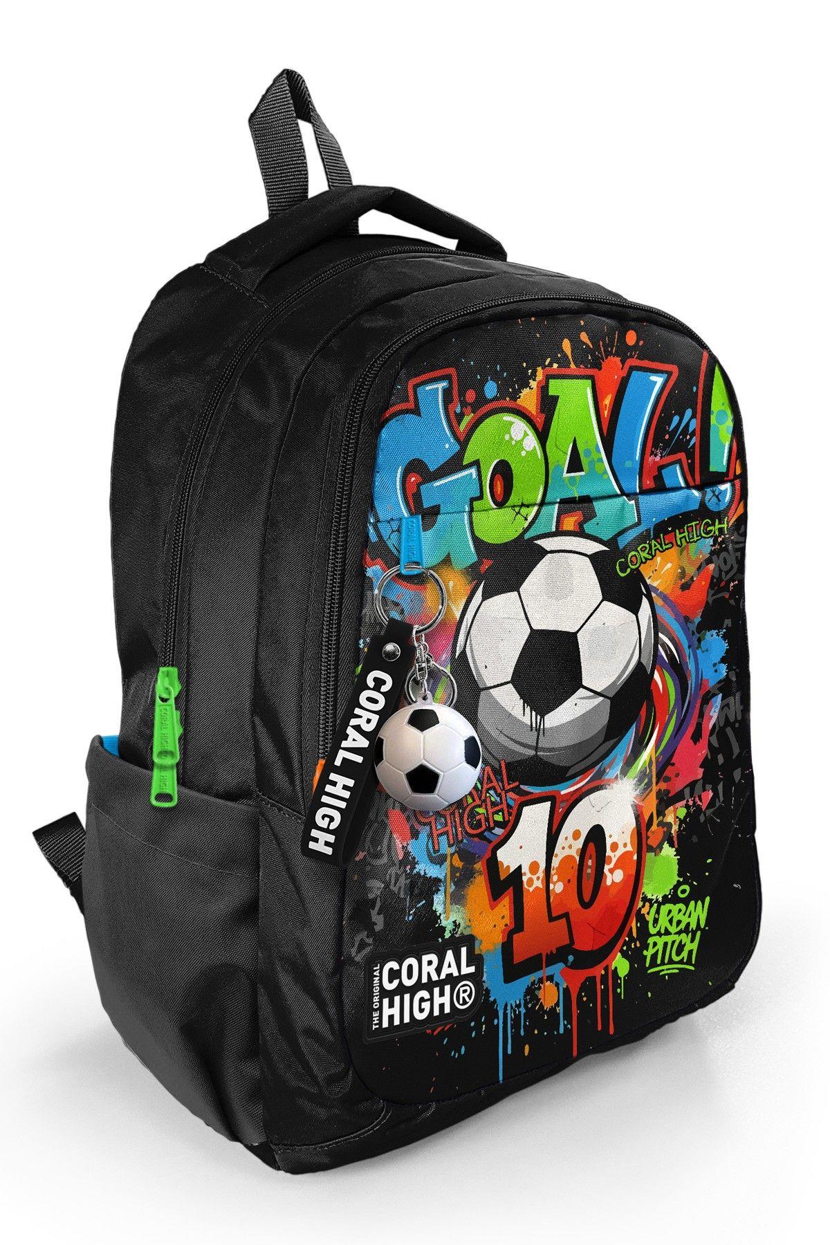 Coral High Erkek Çocuk Siyah Yeşil Goal Baskılı 3 Bölmeli İlkokul ve Ortaokul Çantası - 33253