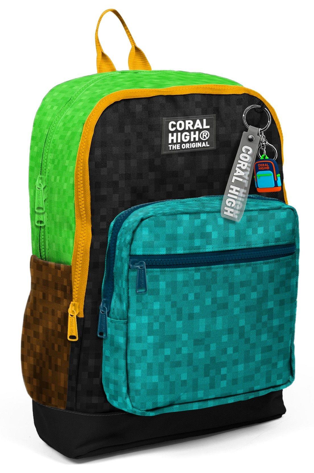 Coral High Erkek Çocuk Siyah Yeşil Kahverengi Craft Desenli İlkokul Sırt Çantası (Dört Bölme) 33216