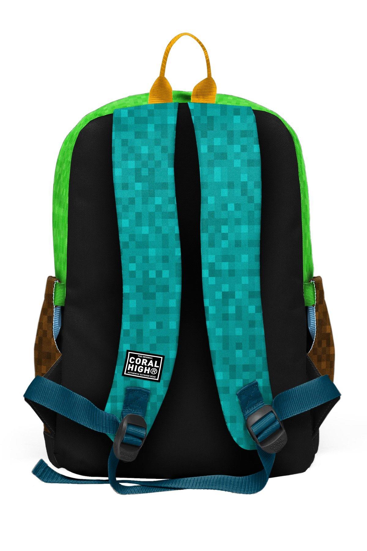 Coral High Erkek Çocuk Siyah Yeşil Kahverengi Craft Desenli İlkokul Sırt Çantası (Dört Bölme) 33216