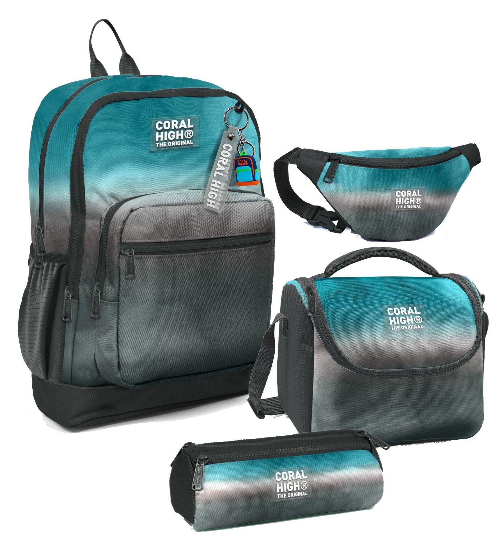 Coral High Erkek Çocuk Turkuaz Gri Batik Desenli İlkokul Okul Çanta Seti ve Bel Çantası
