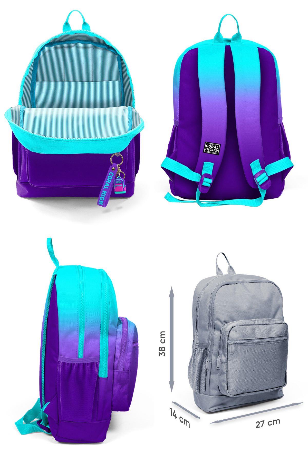 Coral High Erkek Çocuk Turkuaz Mor Renk Geçişli Desenli Beşli İlkokul Okul Çanta Seti
