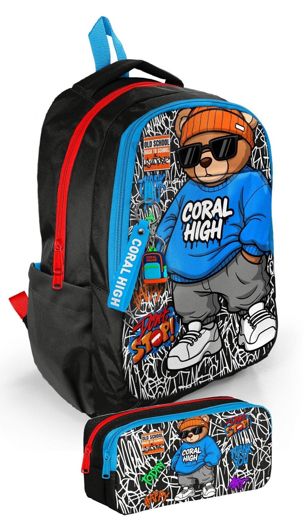 Coral High Erkek İlkokul ve Ortaokul Sırt Çantası+Kalemlik Seti - Siyah Mavi Grafiti Ayıcık Baskılı