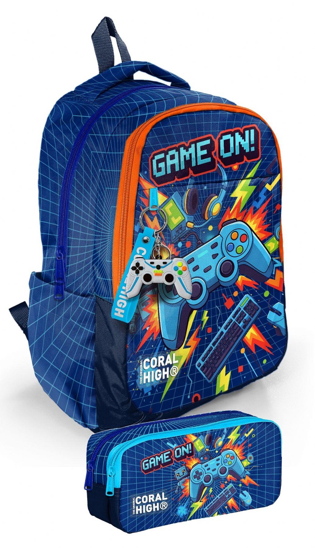 Coral High Erkek İlkokul ve Ortaokul Sırt Çantası+Kalemlik Seti - Lacivert Turuncu Joystick Baskılı