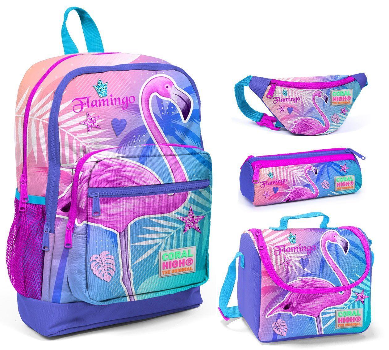 Coral High Flamingo Baskılı Kız Çocuk 4'lü İlkokul Çanta Seti