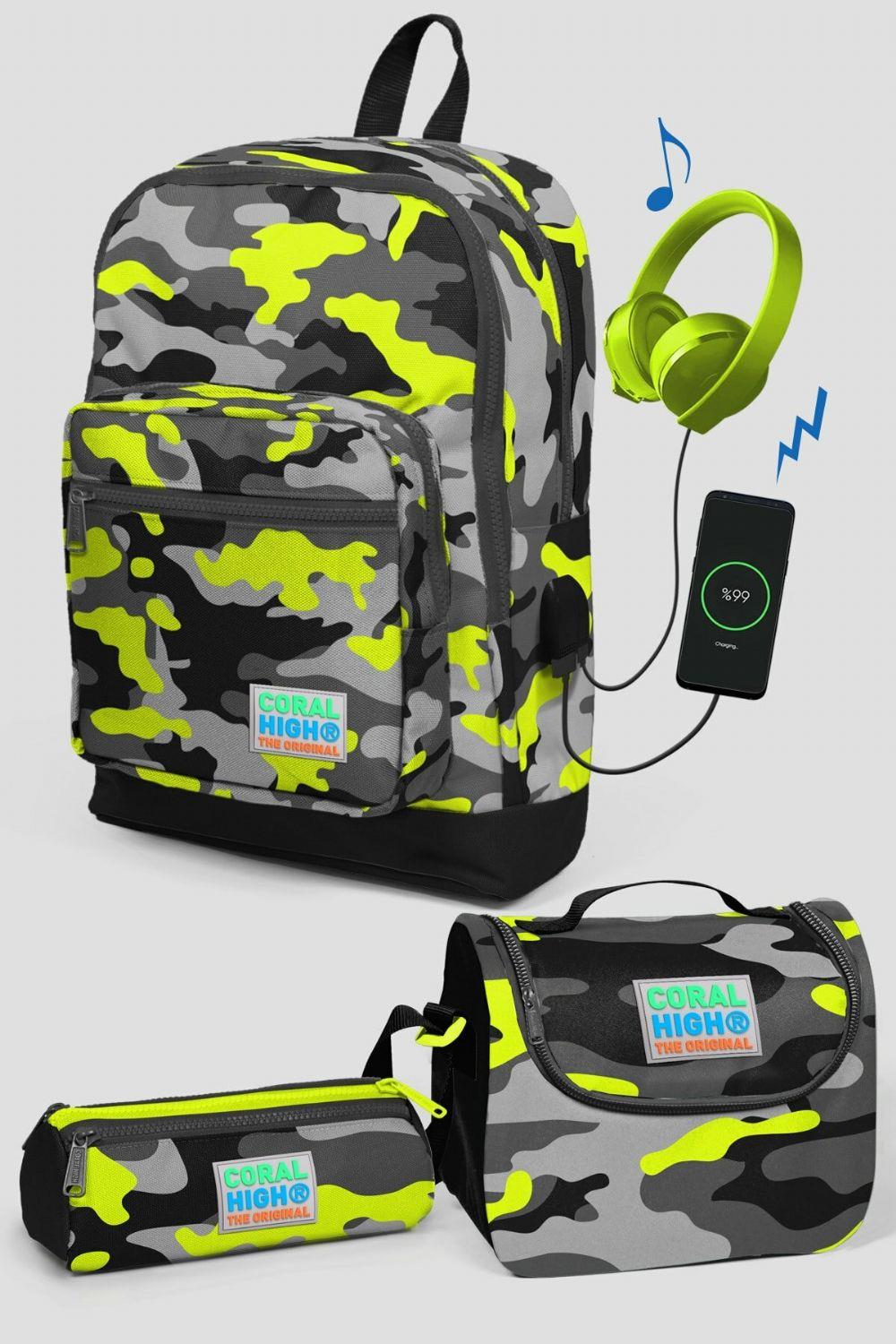 Coral High Gri Kamuflaj Desenli Okul Çanta Seti - Erkek Çocuk