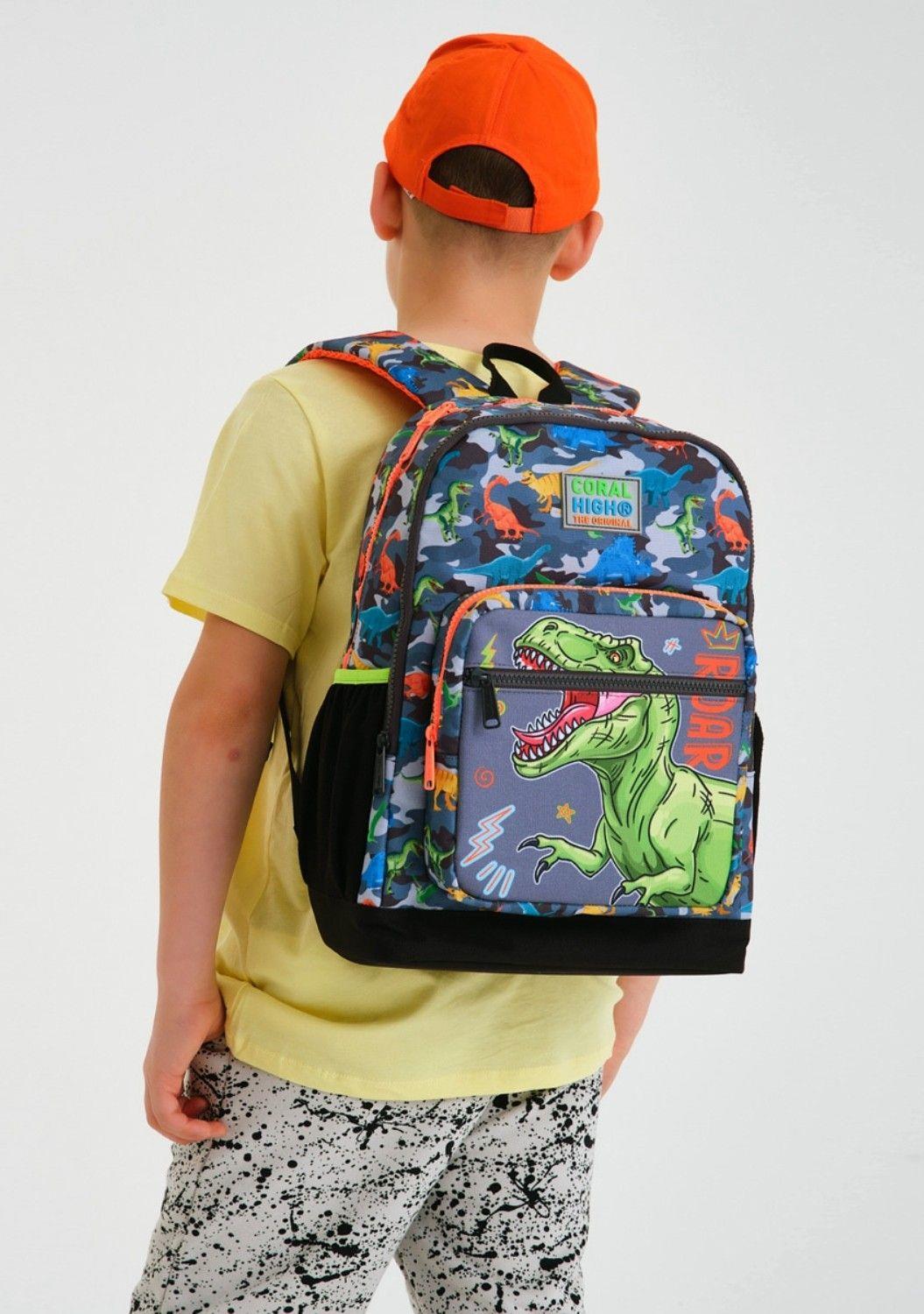 Coral High Gri Yeşil Dinazor İlkokul Sırt Çantası ve Kalemlik Seti - Erkek Çocuk