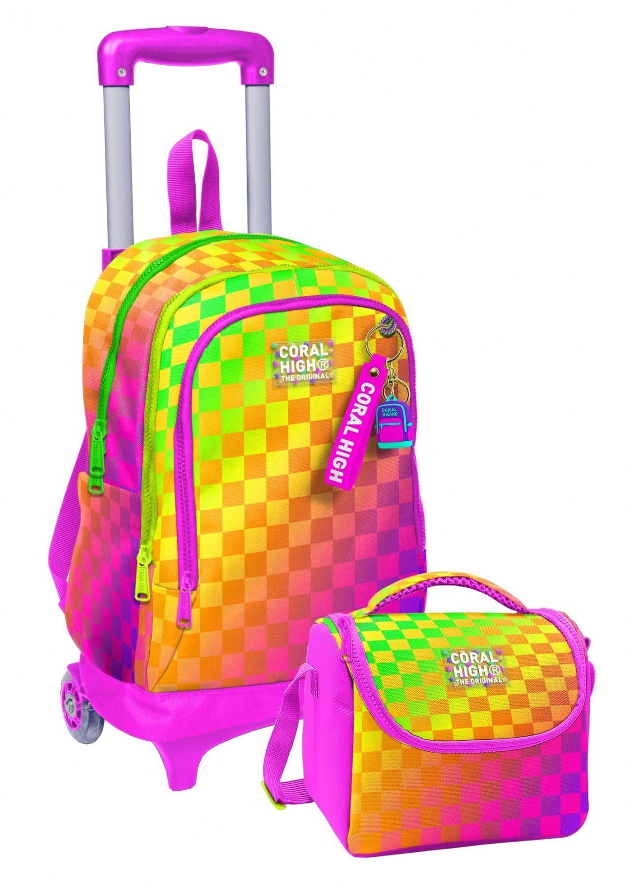 Coral High İlkokul Çekçek Çanta ve Beslenme Seti - Kız Çocuk - Sarı Mor Dama Desenli