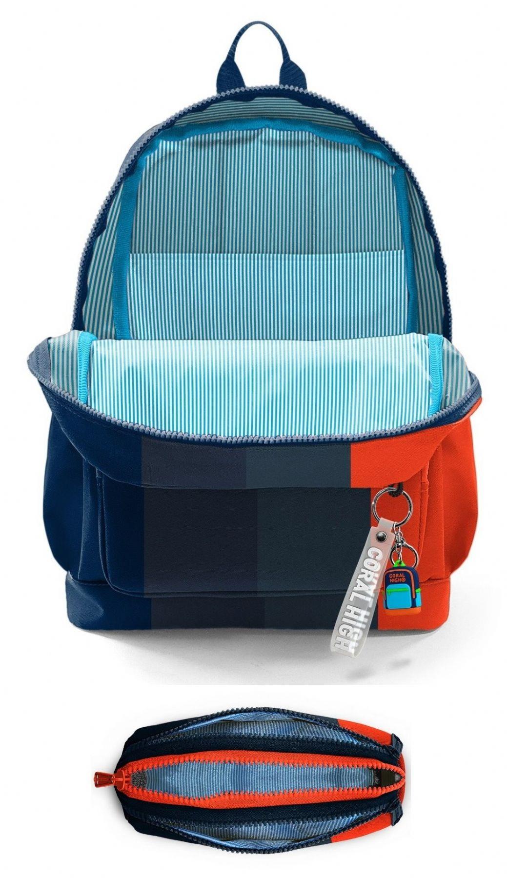 Coral High İlkokul Erkek Çocuklarına Özel Dört Gözlü Sırt Çantası ve Kalemlik Seti- Siyah Turuncu Renkli Çizgili