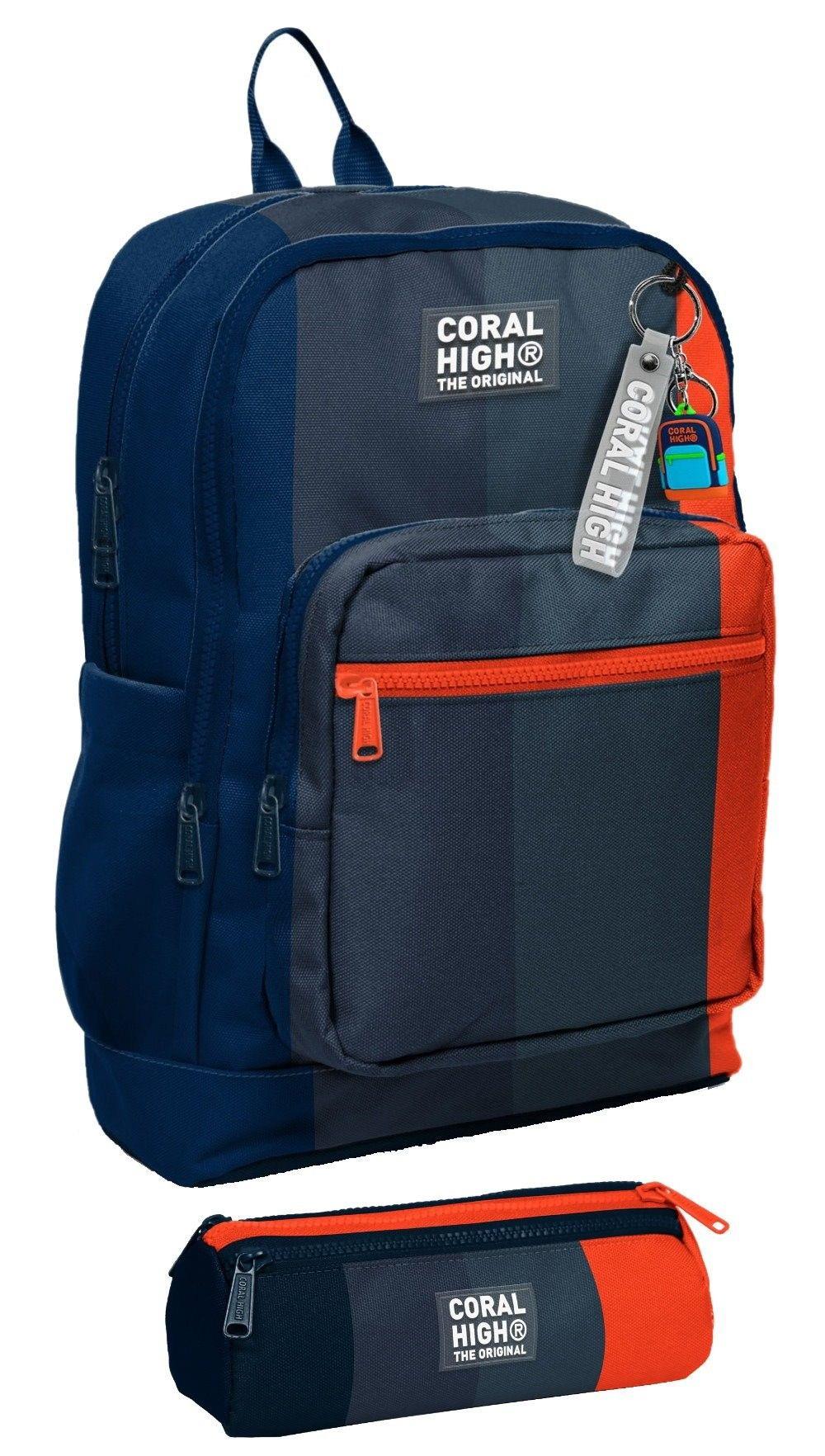 Coral High İlkokul Erkek Çocuklarına Özel Dört Gözlü Sırt Çantası ve Kalemlik Seti- Siyah Turuncu Renkli Çizgili