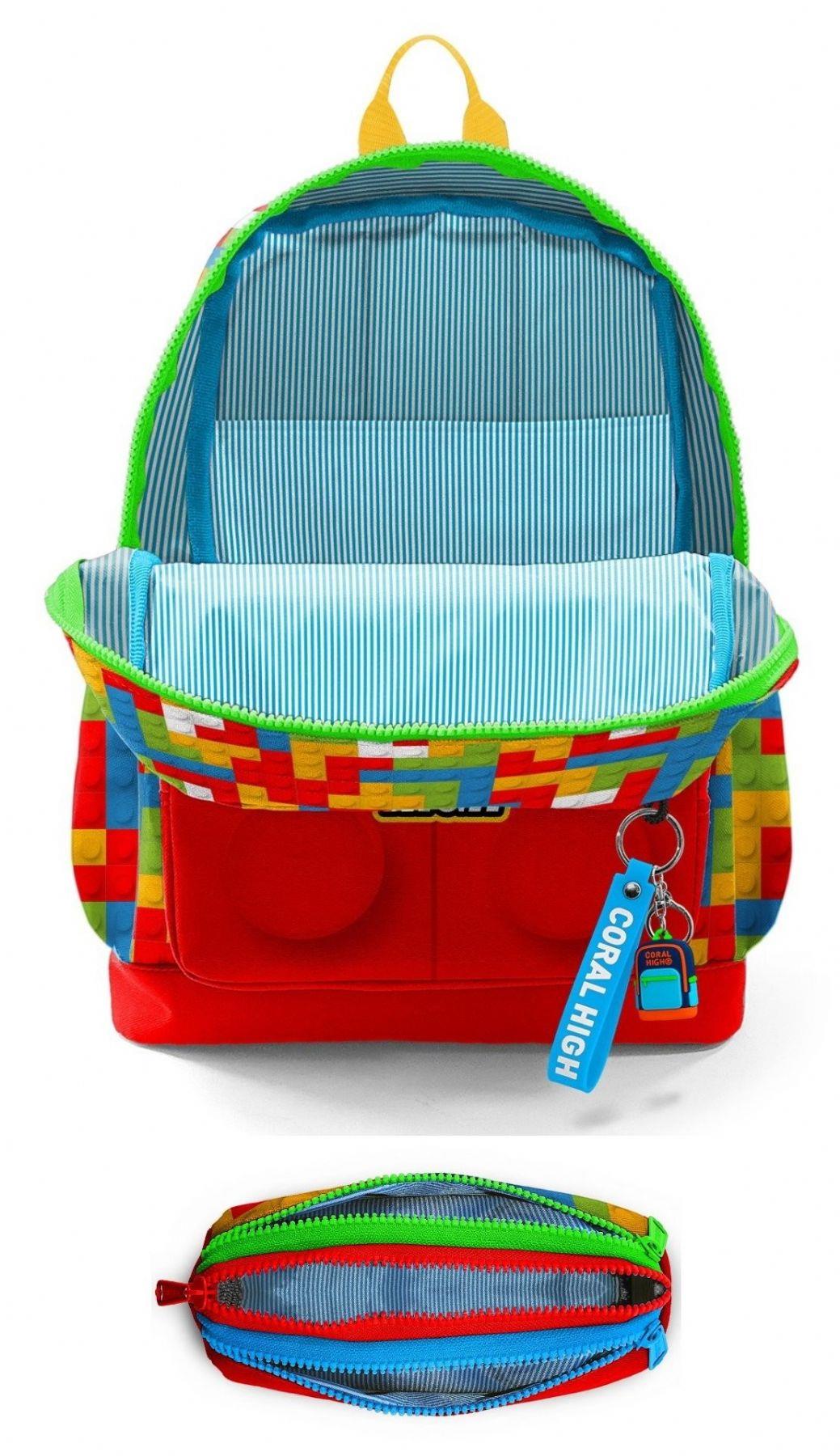 Coral High İlkokul Erkek Çocuklarına Özel Dört Gözlü Sırt Çantası ve Kalemlik Seti- Kırmızı Yapı Blokları