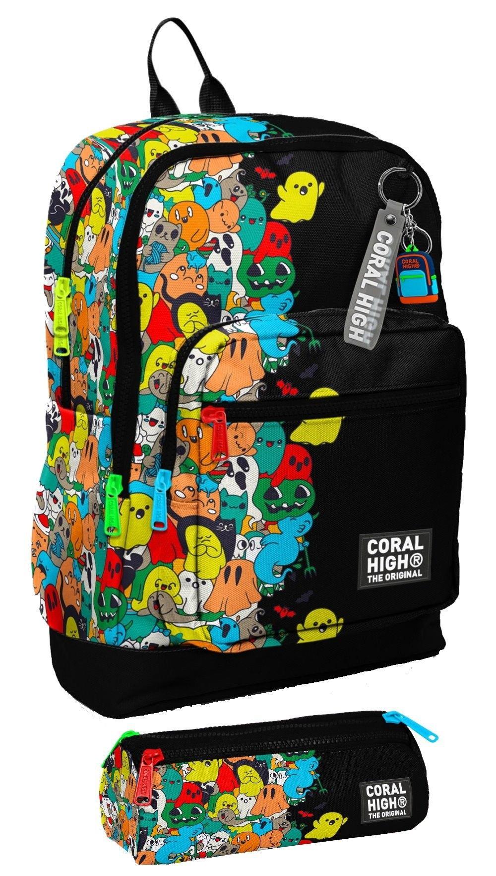 Coral High İlkokul Erkek Çocuklarına Özel Dört Gözlü Sırt Çantası ve Kalemlik Seti- Siyah Hayaletler