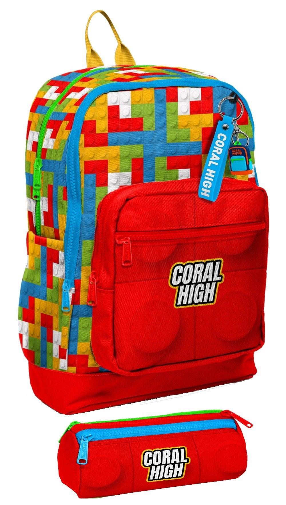 Coral High İlkokul Erkek Çocuklarına Özel Dört Gözlü Sırt Çantası ve Kalemlik Seti- Kırmızı Yapı Blokları