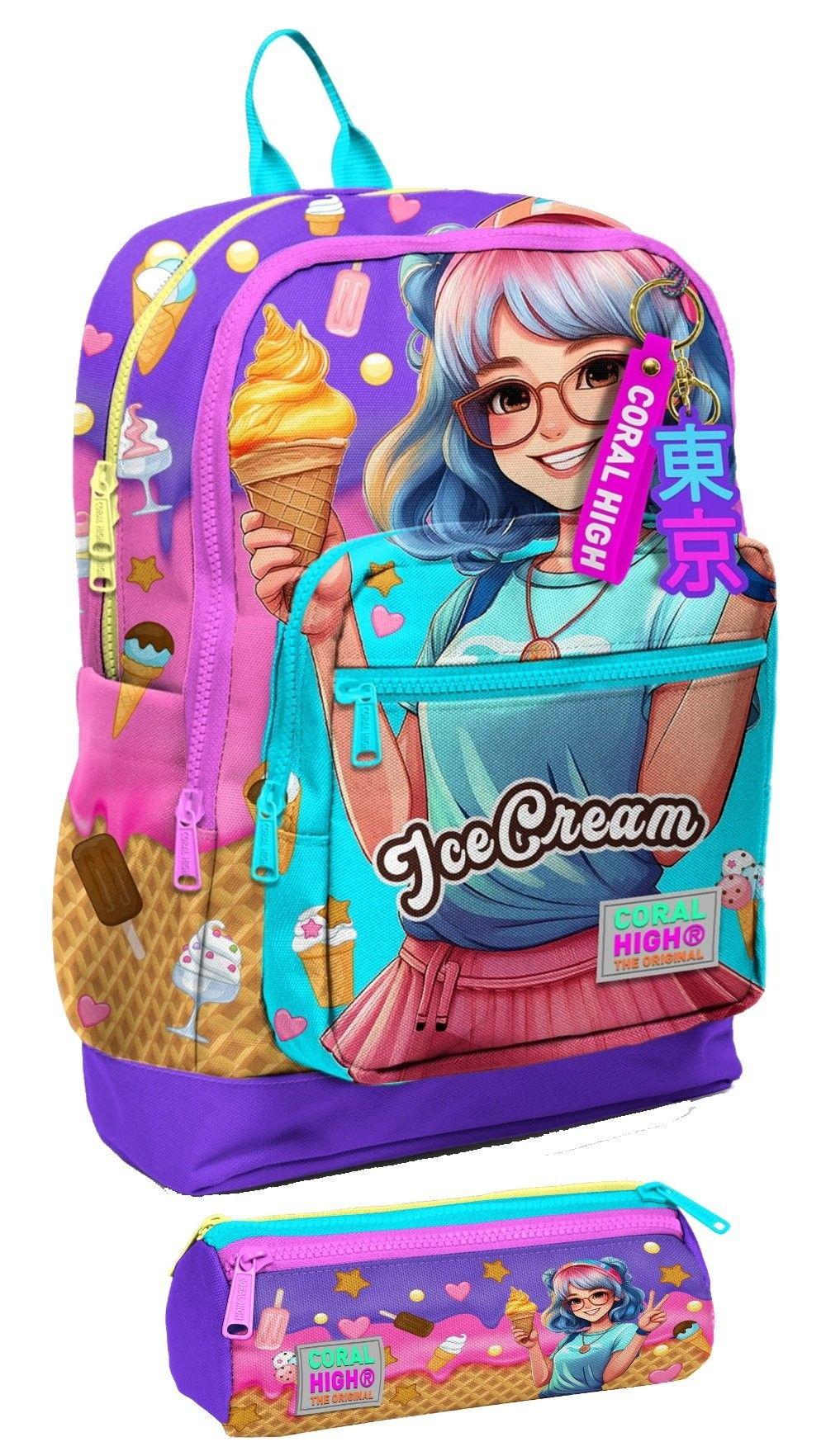 Coral High İlkokul Kız Çocuklarına Özel Dört Gözlü Sırt Çantası ve Kalemlik Seti- Lila Turkuaz Dondurmalı Kız