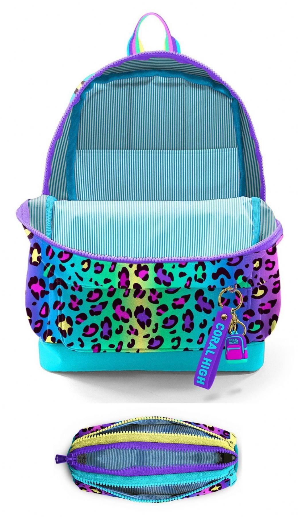 Coral High İlkokul Kız Çocuklarına Özel Dört Gözlü Sırt Çantası ve Kalemlik Seti- Yeşil Mor Leopar
