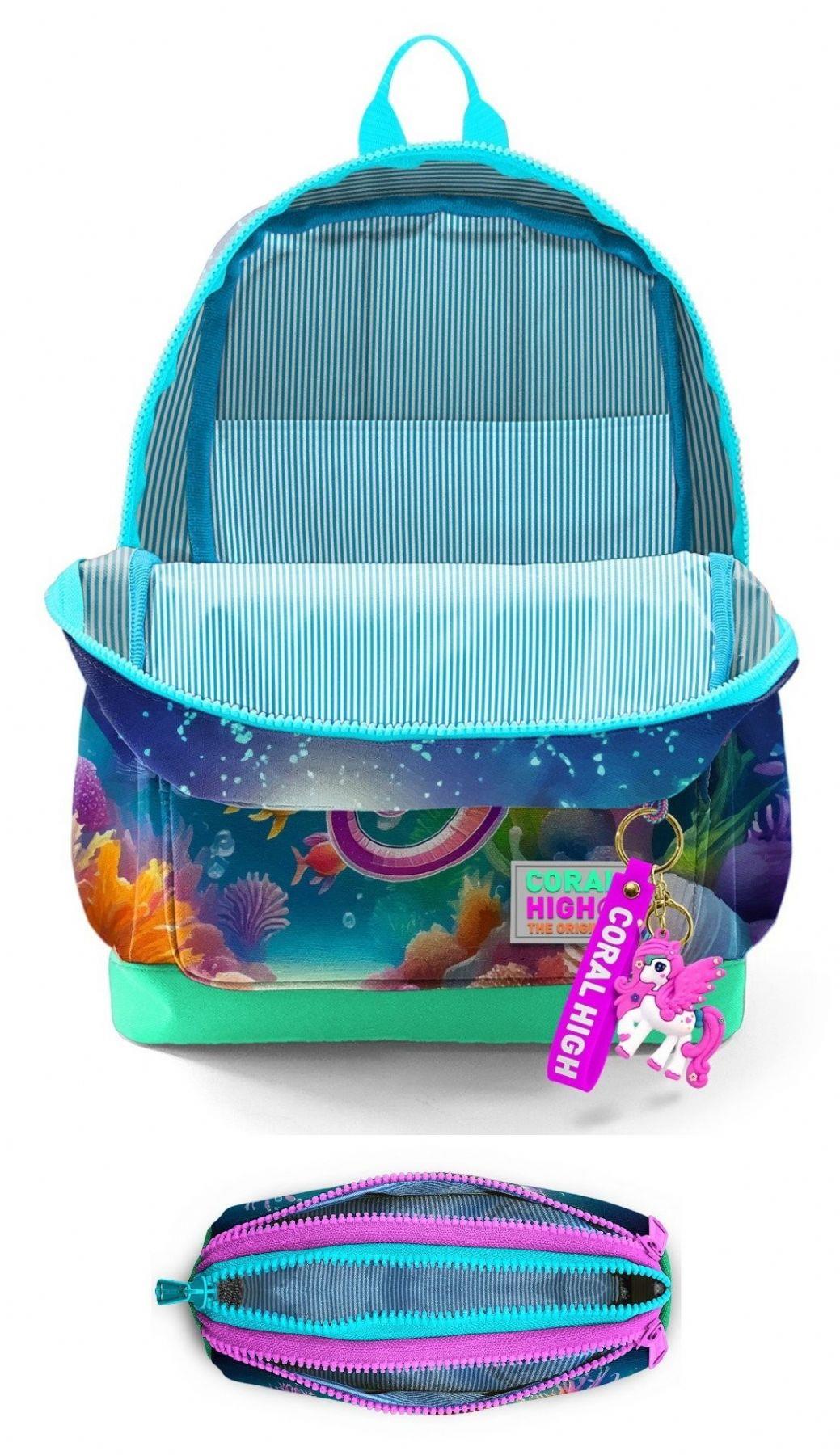 Coral High İlkokul Kız Çocuklarına Özel Dört Gözlü Sırt Çantası ve Kalemlik Seti- Su Yeşili Denizatı