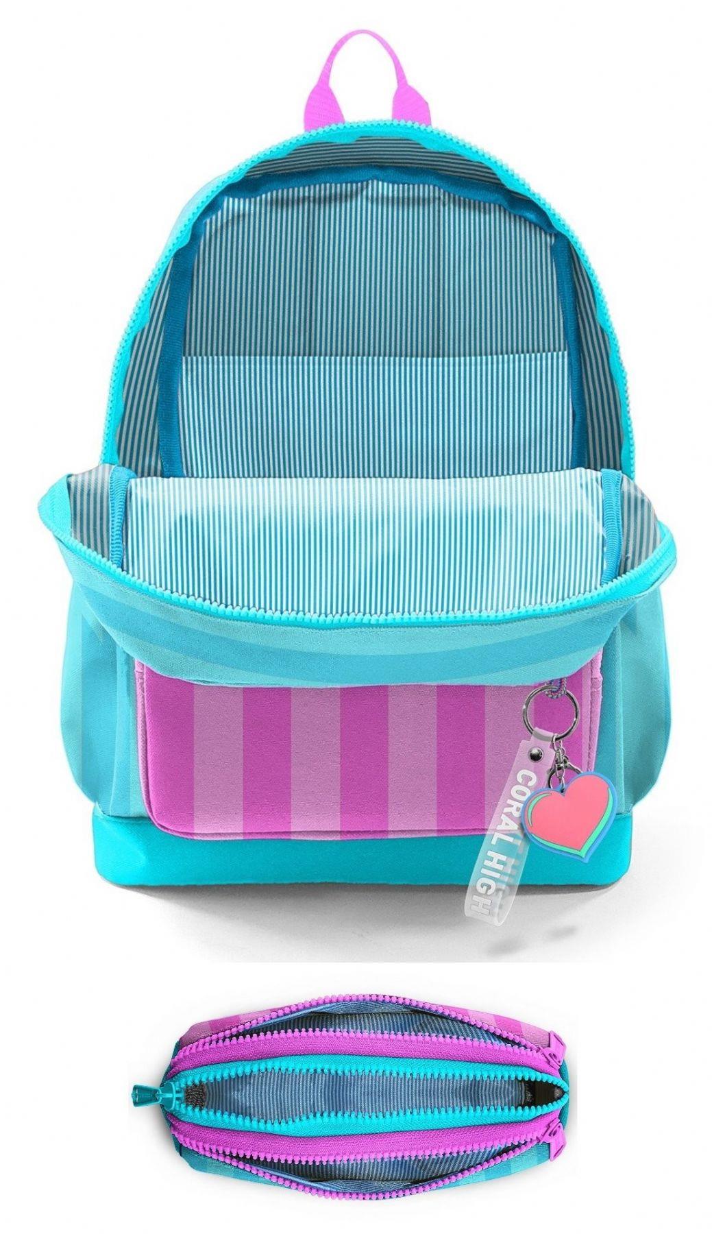 Coral High İlkokul Kız Çocuklarına Özel Dört Gözlü Sırt Çantası ve Kalemlik Seti- Turkuaz Pembe Çizgili